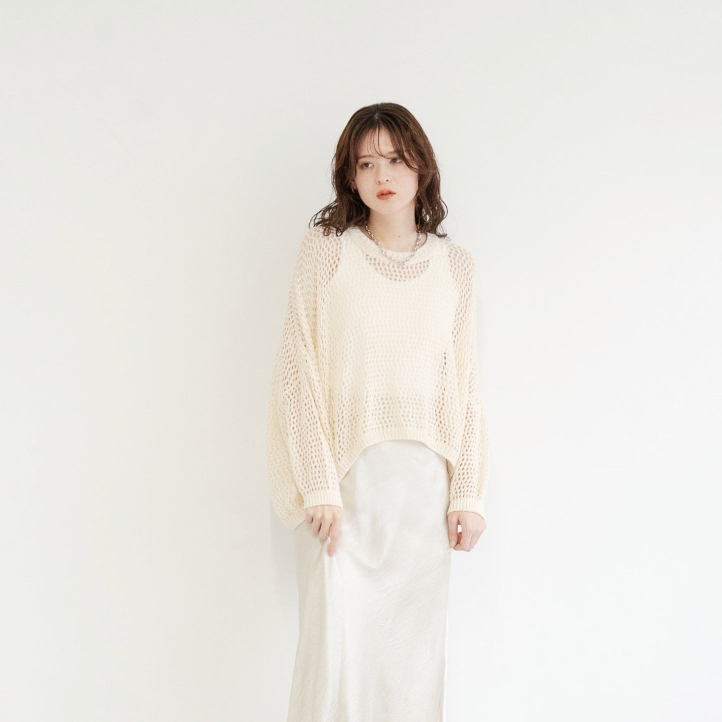 TUMUGI yarn and combed cotton mesh knitted top