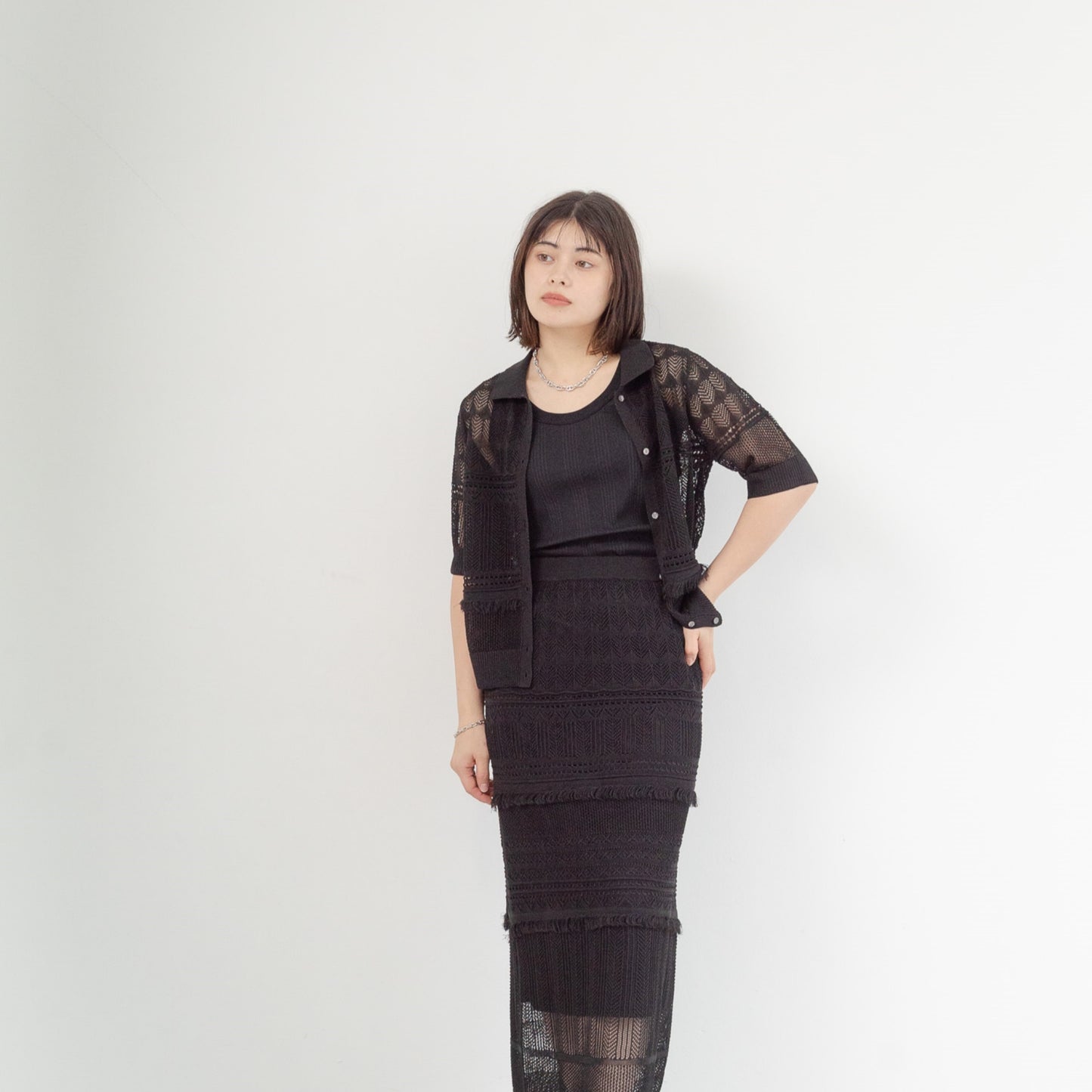 12-gauge lace knit cardigan with a collar