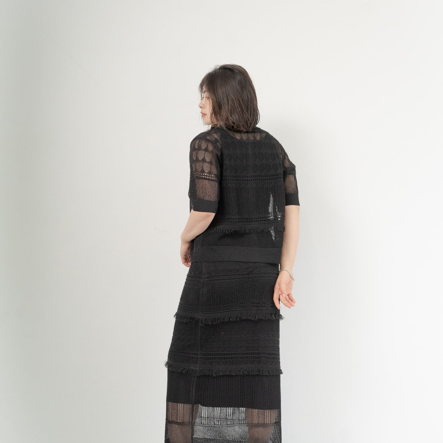 12-gauge lace knit A-line skirt with a waistband