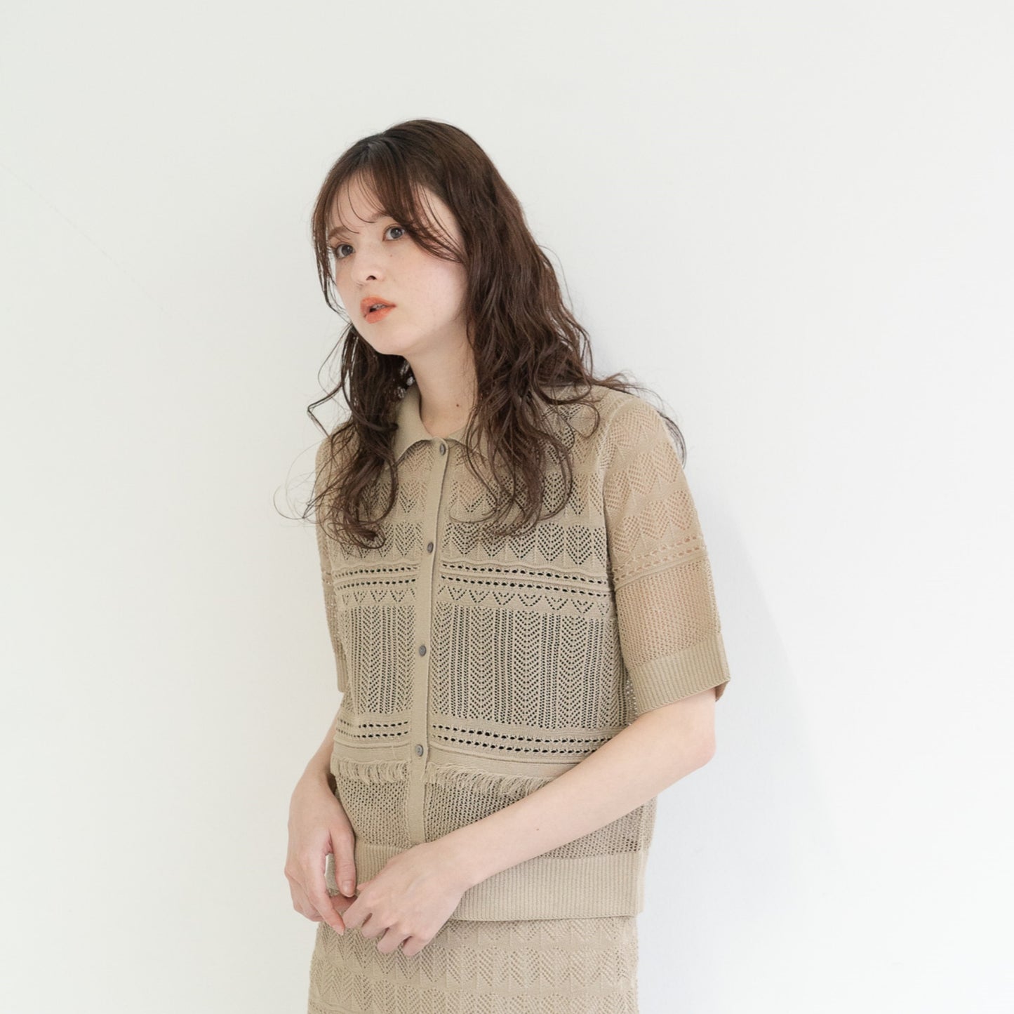 12-gauge lace knit cardigan with a collar
