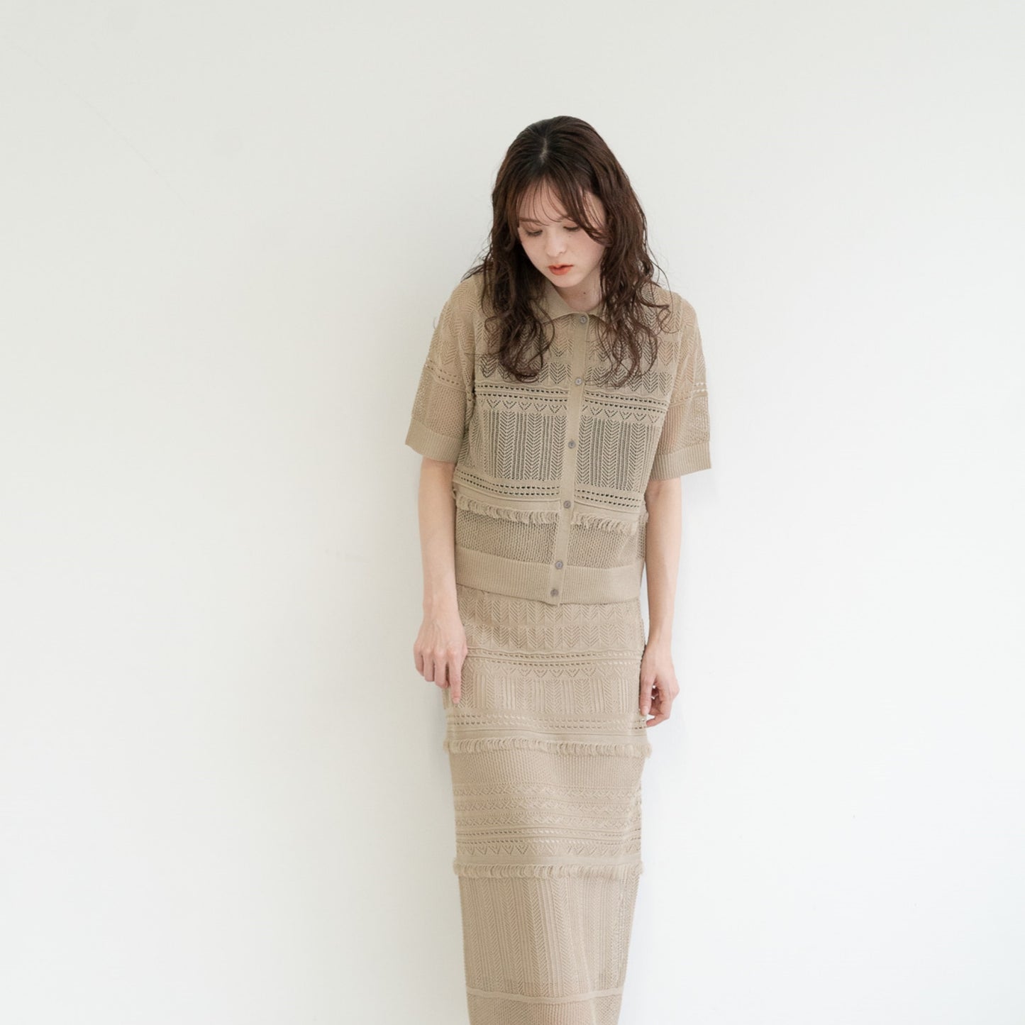 12-gauge lace knit A-line skirt with a waistband