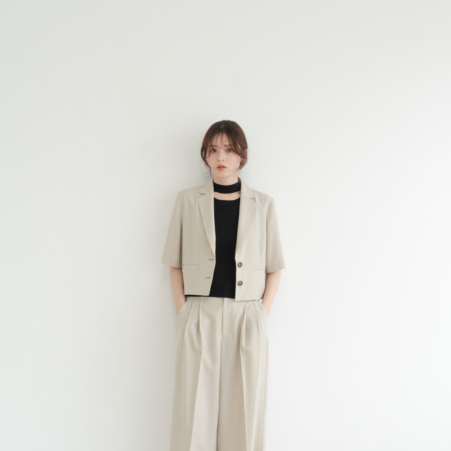 100% polyester twill fabric front pleat wide-leg casual pants