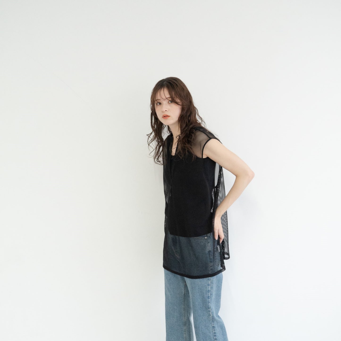 Mesh knitted lace loose tank top
