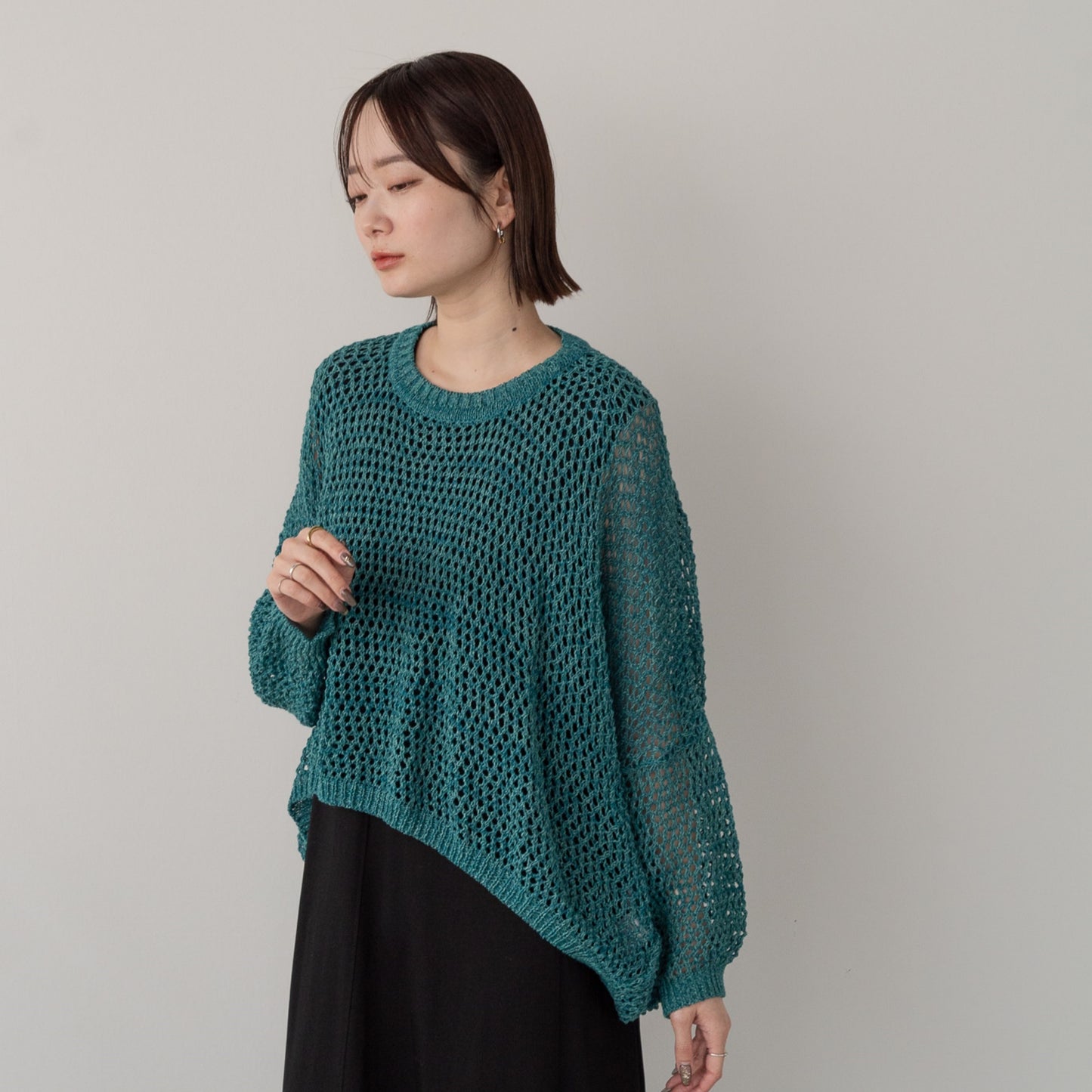 TUMUGI yarn and combed cotton mesh knitted wide pullover