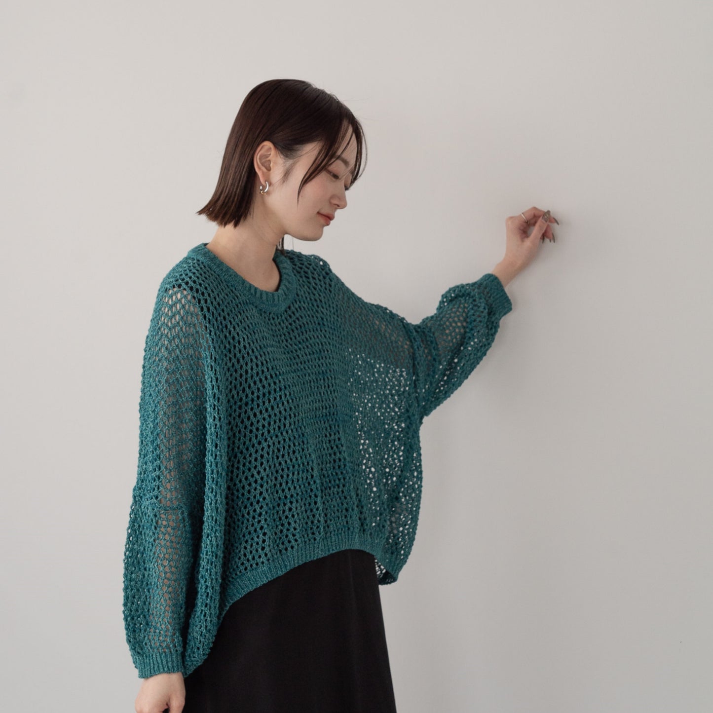TUMUGI yarn and combed cotton mesh knitted wide pullover