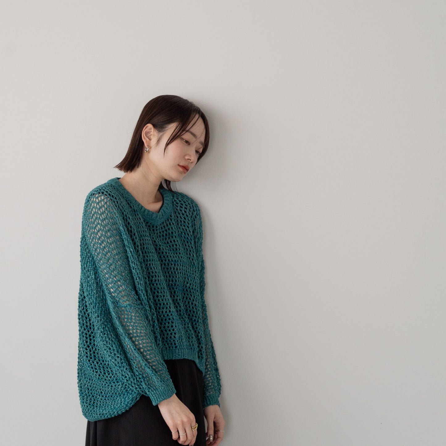 TUMUGI yarn and combed cotton mesh knitted wide pullover