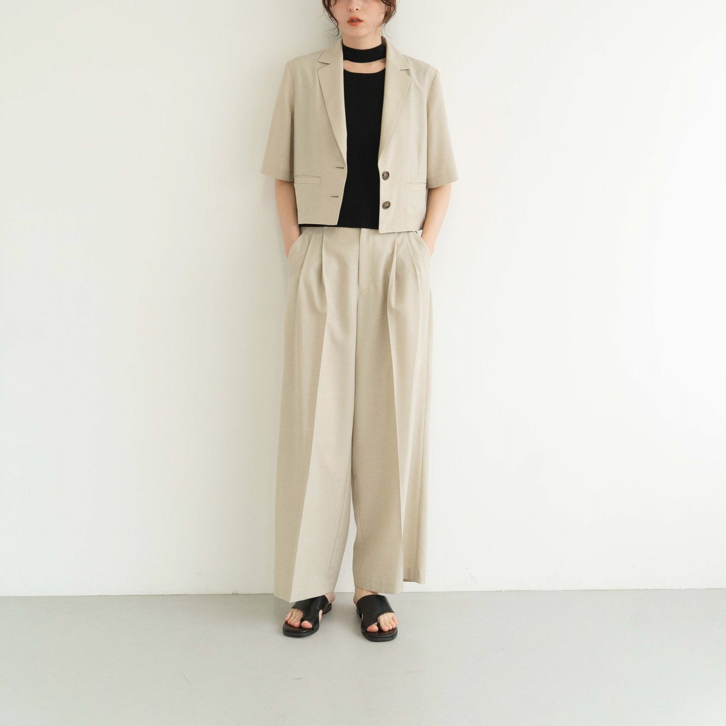100% polyester twill fabric front pleat wide-leg casual pants