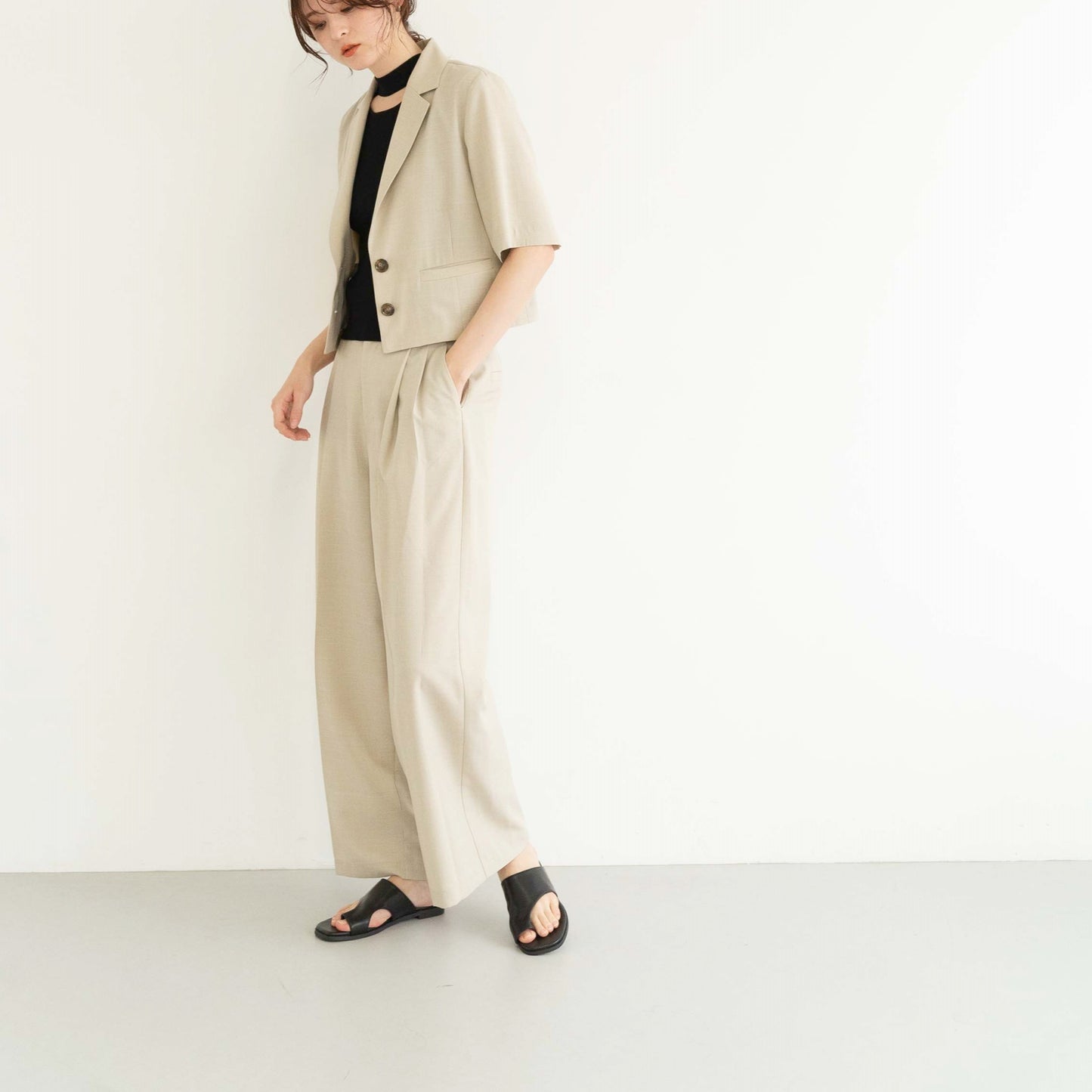 100% polyester twill fabric front pleat wide-leg casual pants