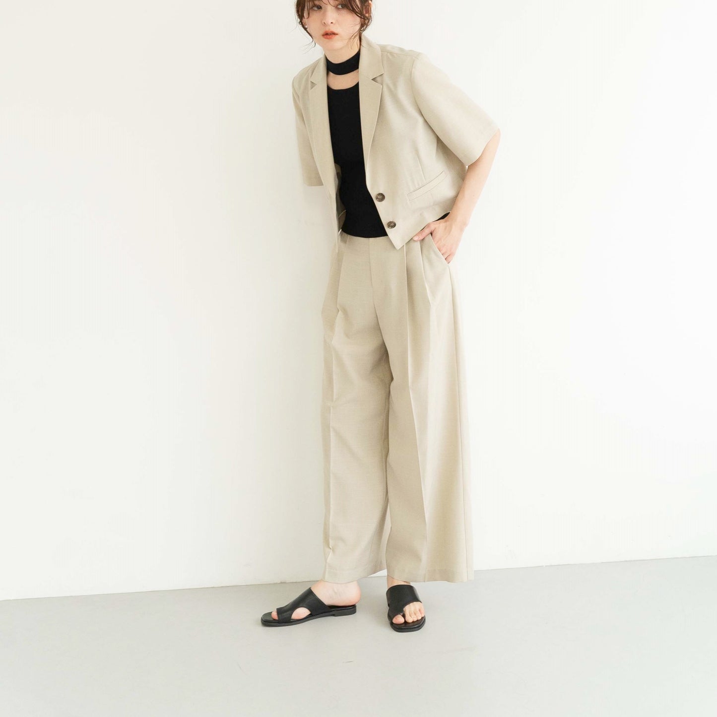 100% polyester twill fabric front pleat wide-leg casual pants