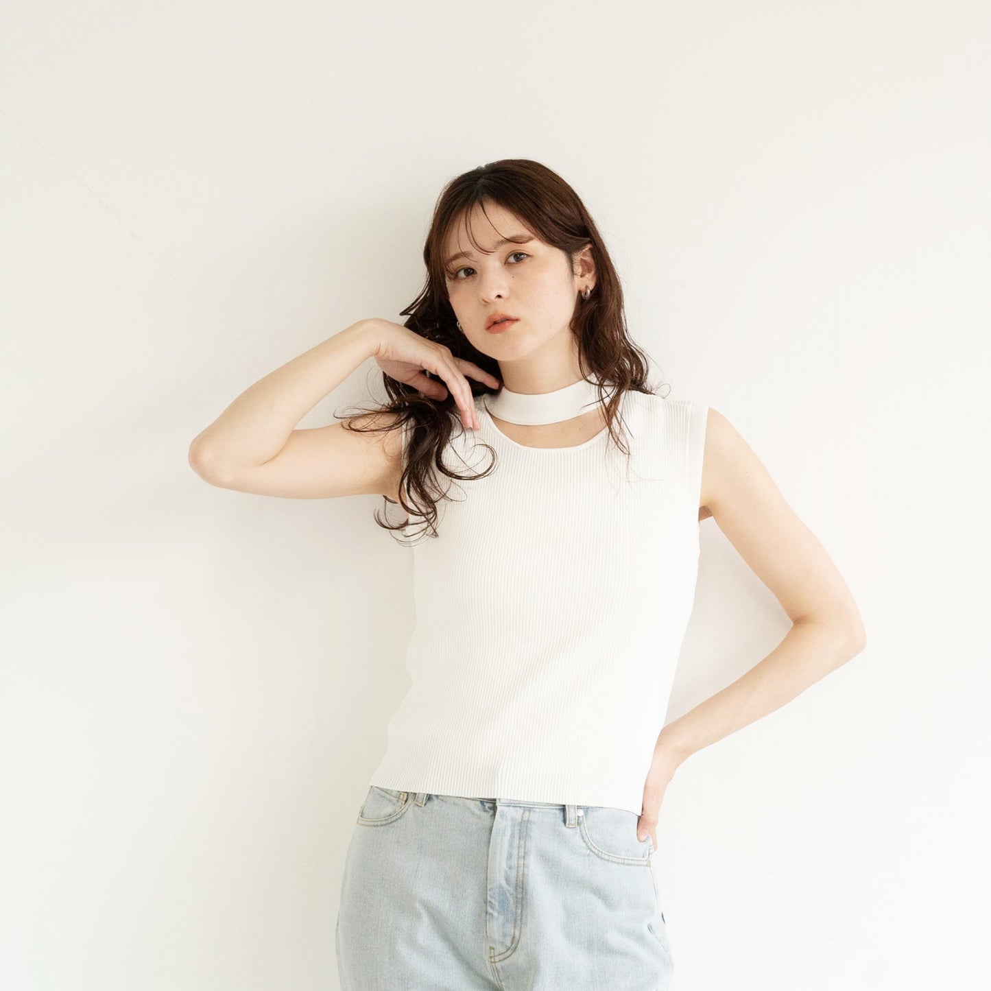 16G chain neck ribbed sleeveless pullover knitted top