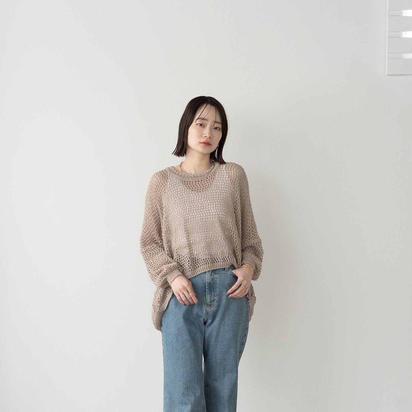 TUMUGI yarn and combed cotton mesh knitted wide pullover