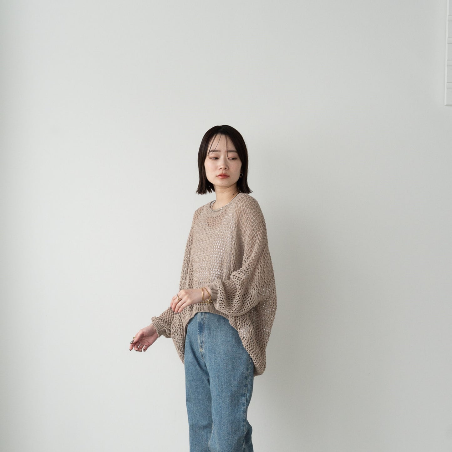 TUMUGI yarn and combed cotton mesh knitted wide pullover