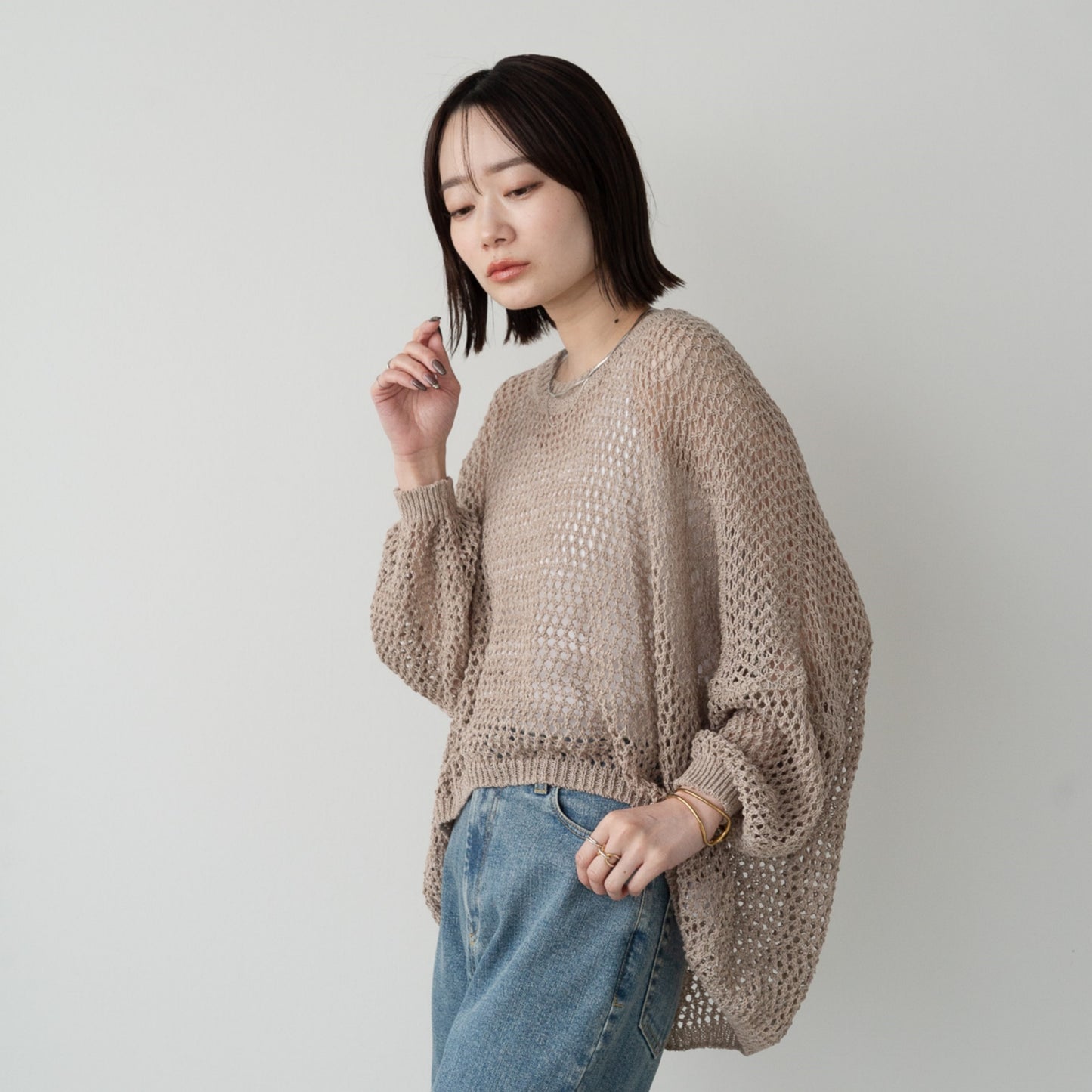 TUMUGI yarn and combed cotton mesh knitted wide pullover