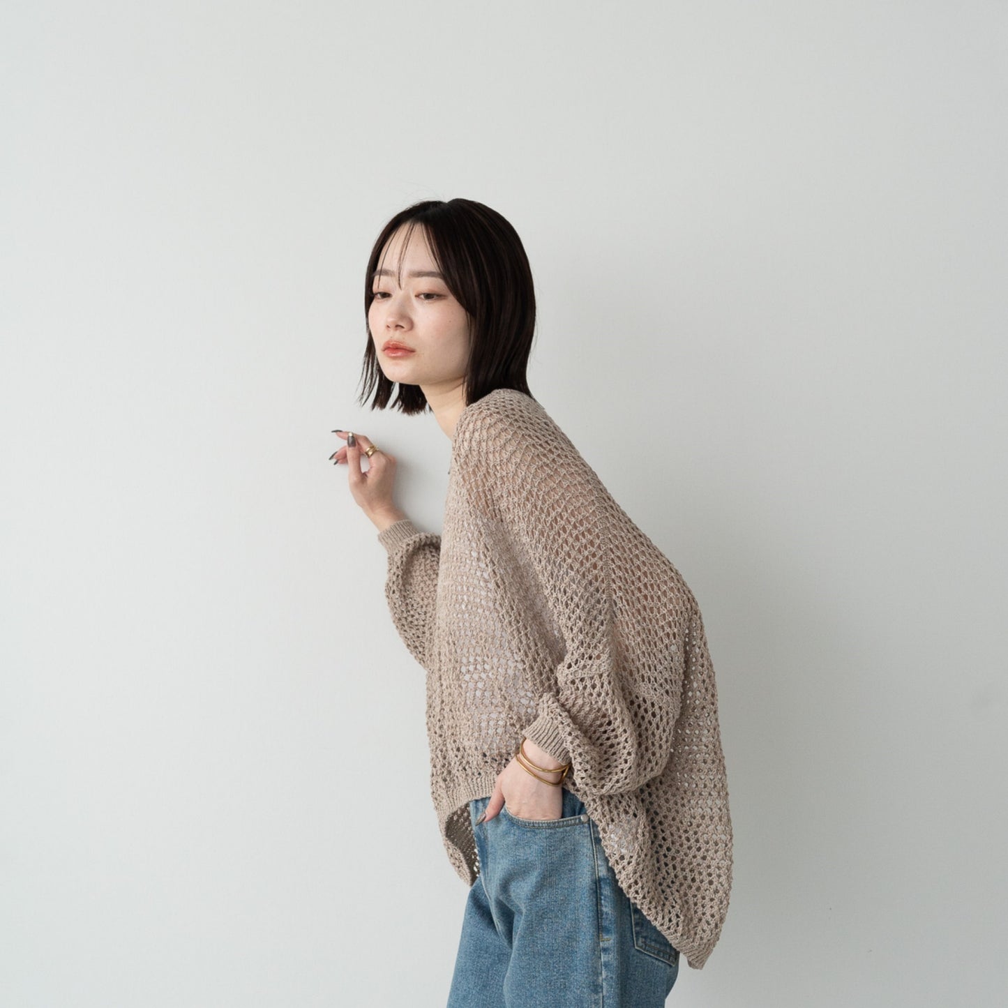 TUMUGI yarn and combed cotton mesh knitted wide pullover