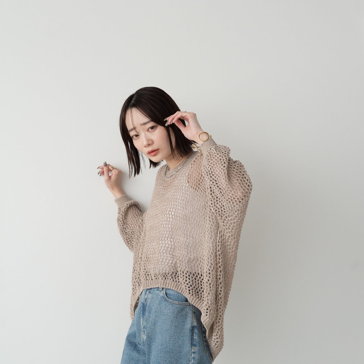TUMUGI yarn and combed cotton mesh knitted wide pullover