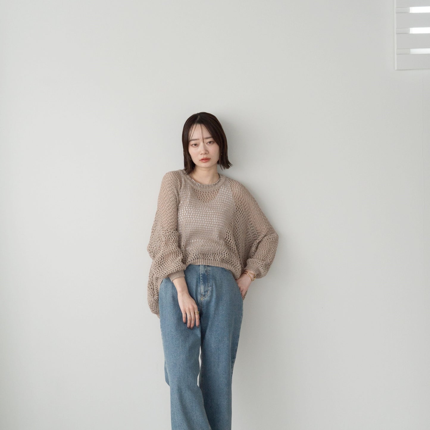 TUMUGI yarn and combed cotton mesh knitted wide pullover