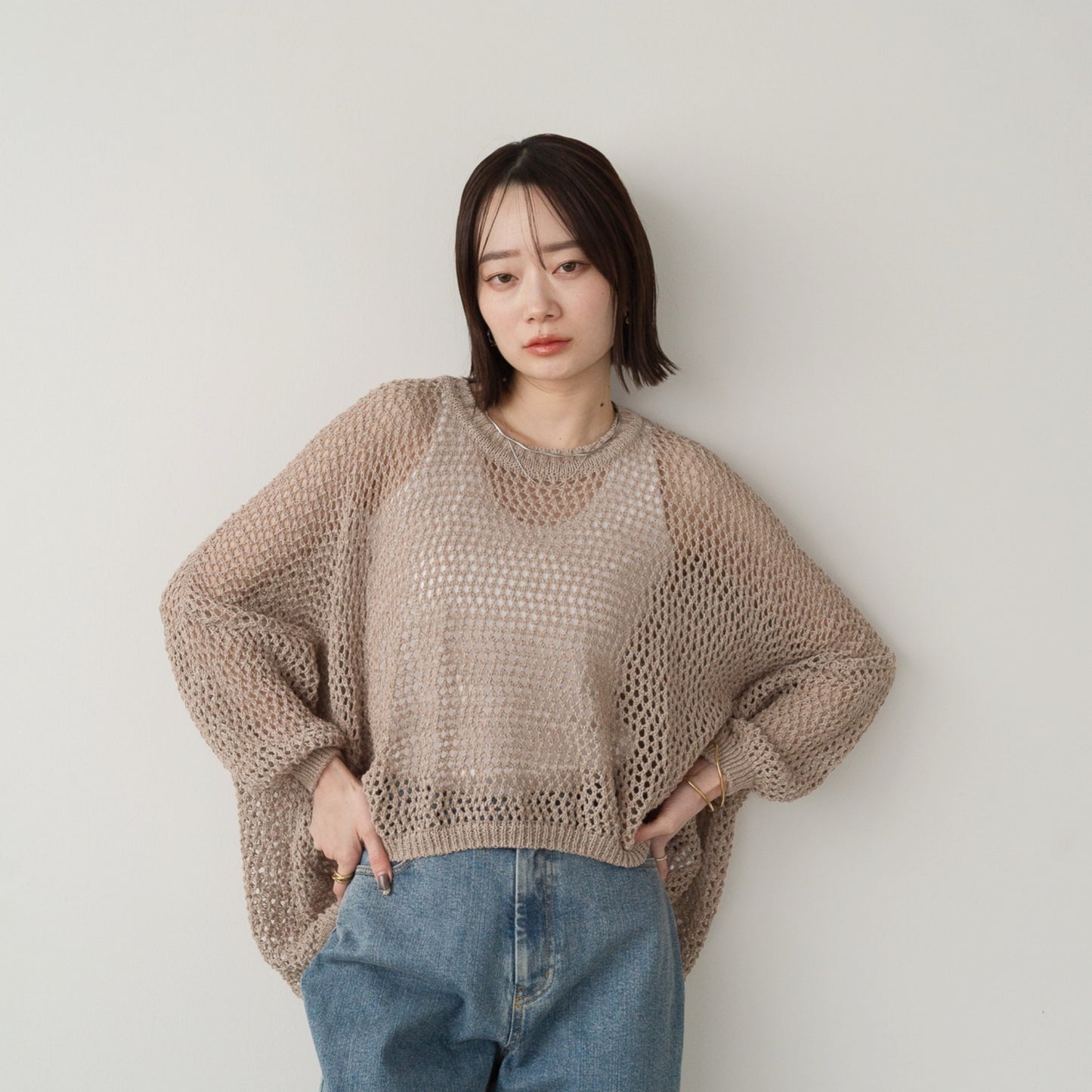 TUMUGI yarn and combed cotton mesh knitted wide pullover