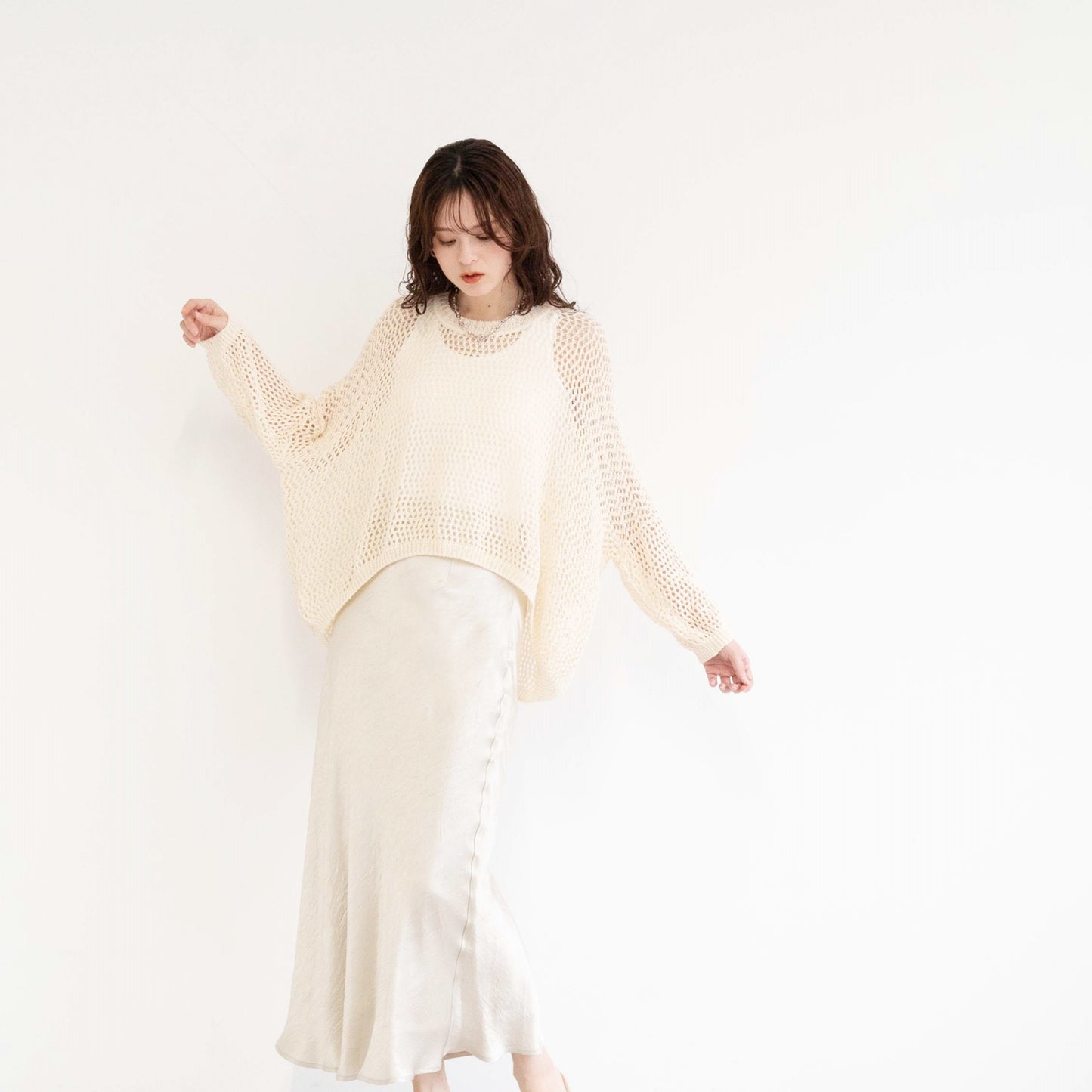 TUMUGI yarn and combed cotton mesh knitted top