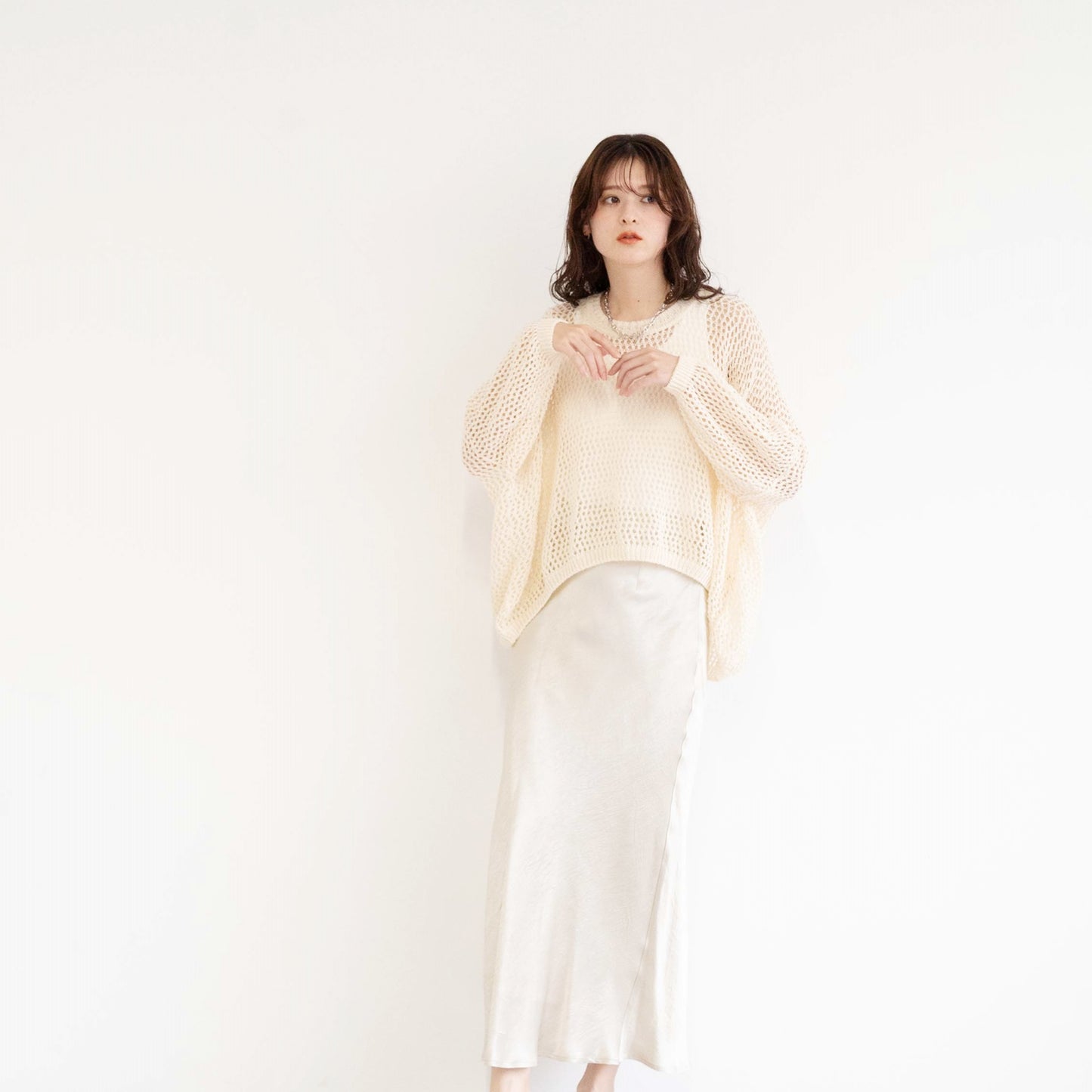TUMUGI yarn and combed cotton mesh knitted top