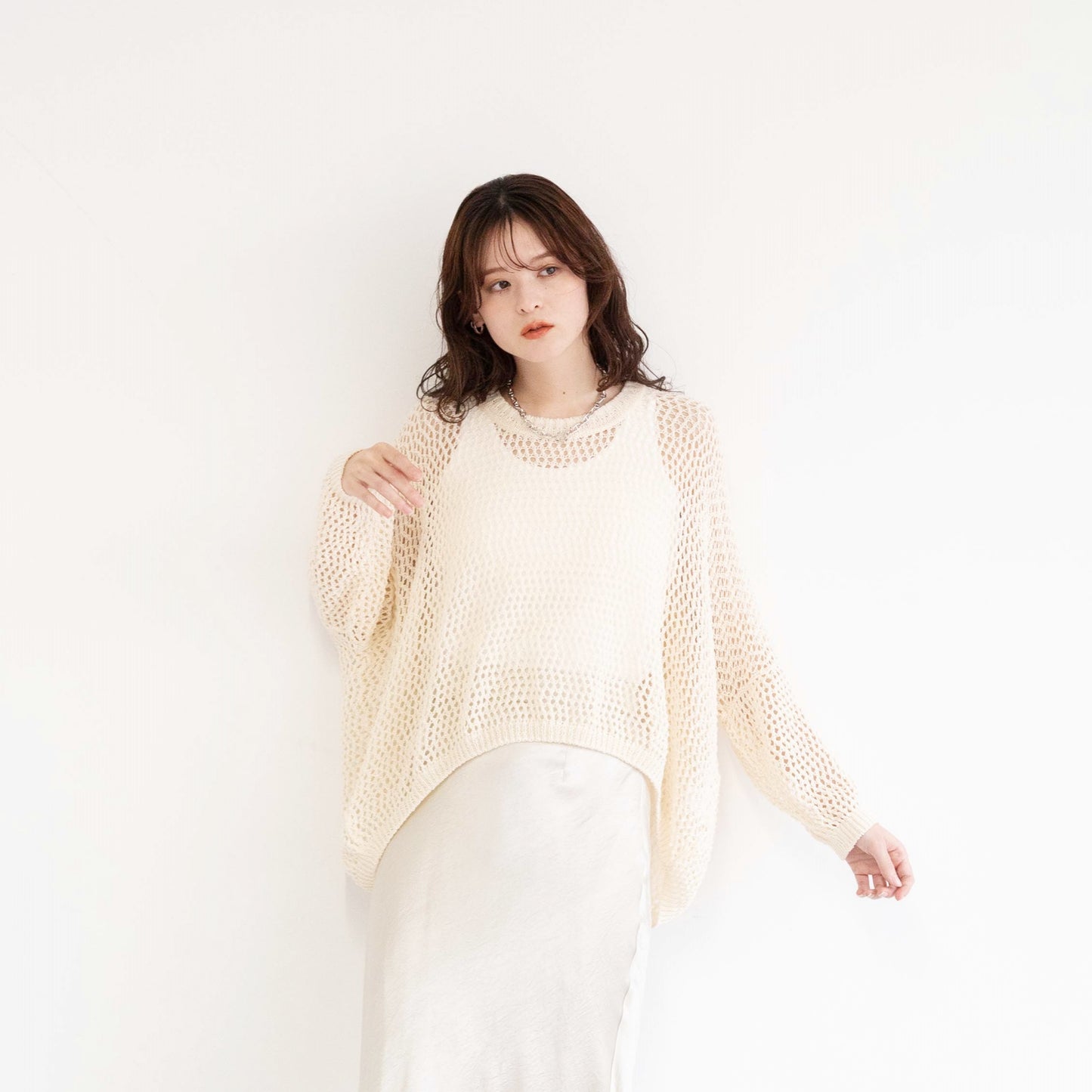 TUMUGI yarn and combed cotton mesh knitted top