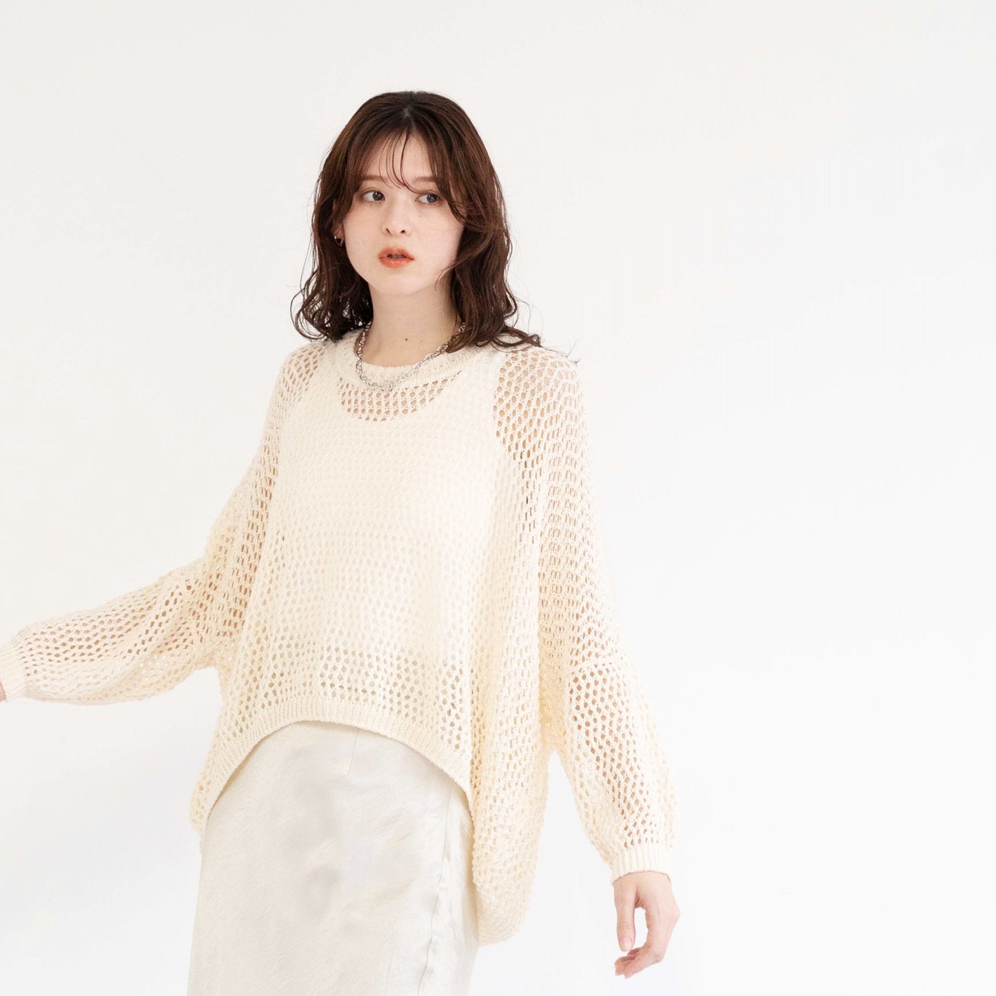 TUMUGI yarn and combed cotton mesh knitted top