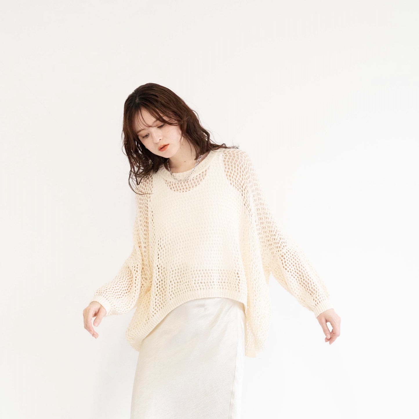 TUMUGI yarn and combed cotton mesh knitted top