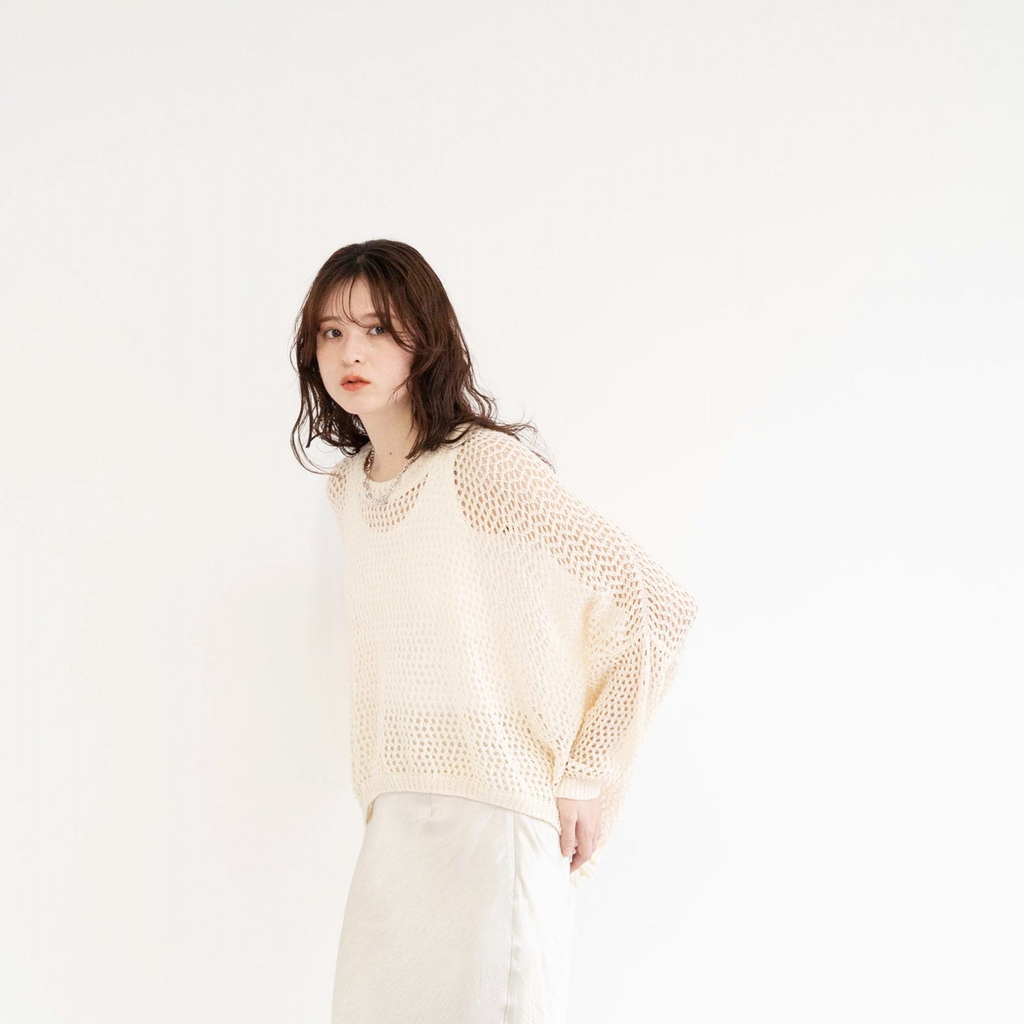 TUMUGI yarn and combed cotton mesh knitted top
