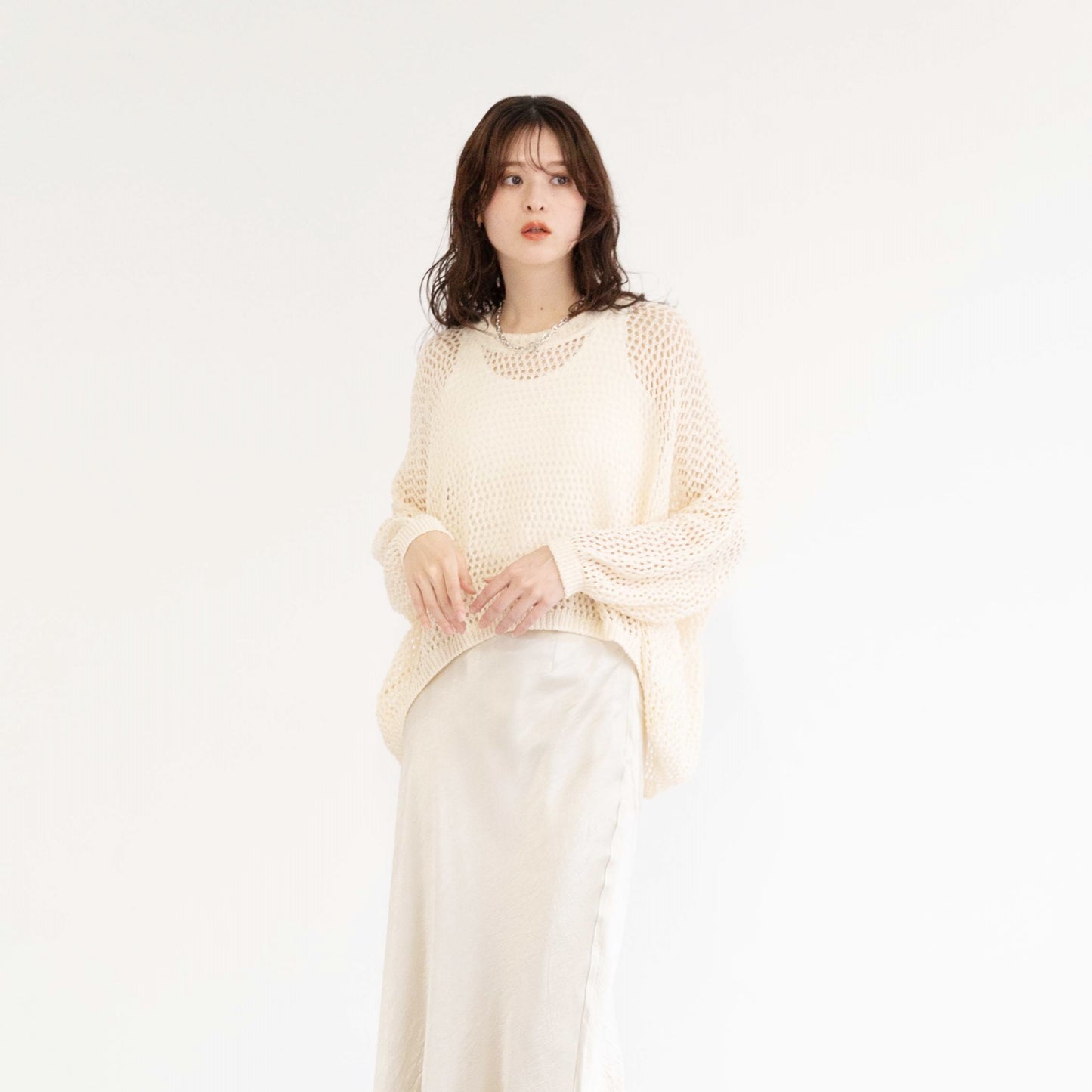 TUMUGI yarn and combed cotton mesh knitted top