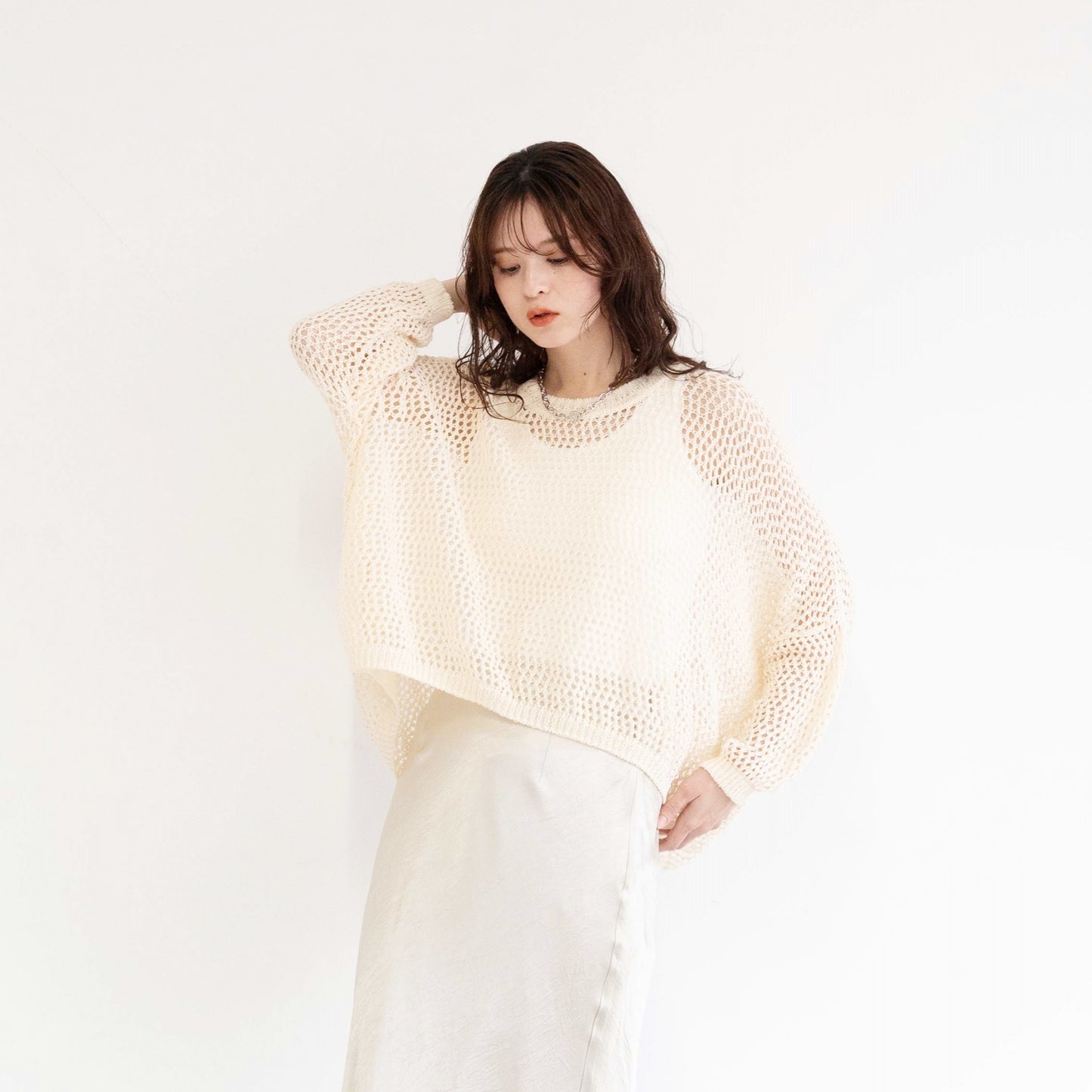 TUMUGI yarn and combed cotton mesh knitted top