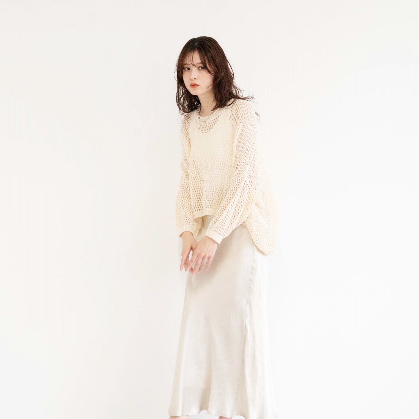 TUMUGI yarn and combed cotton mesh knitted top