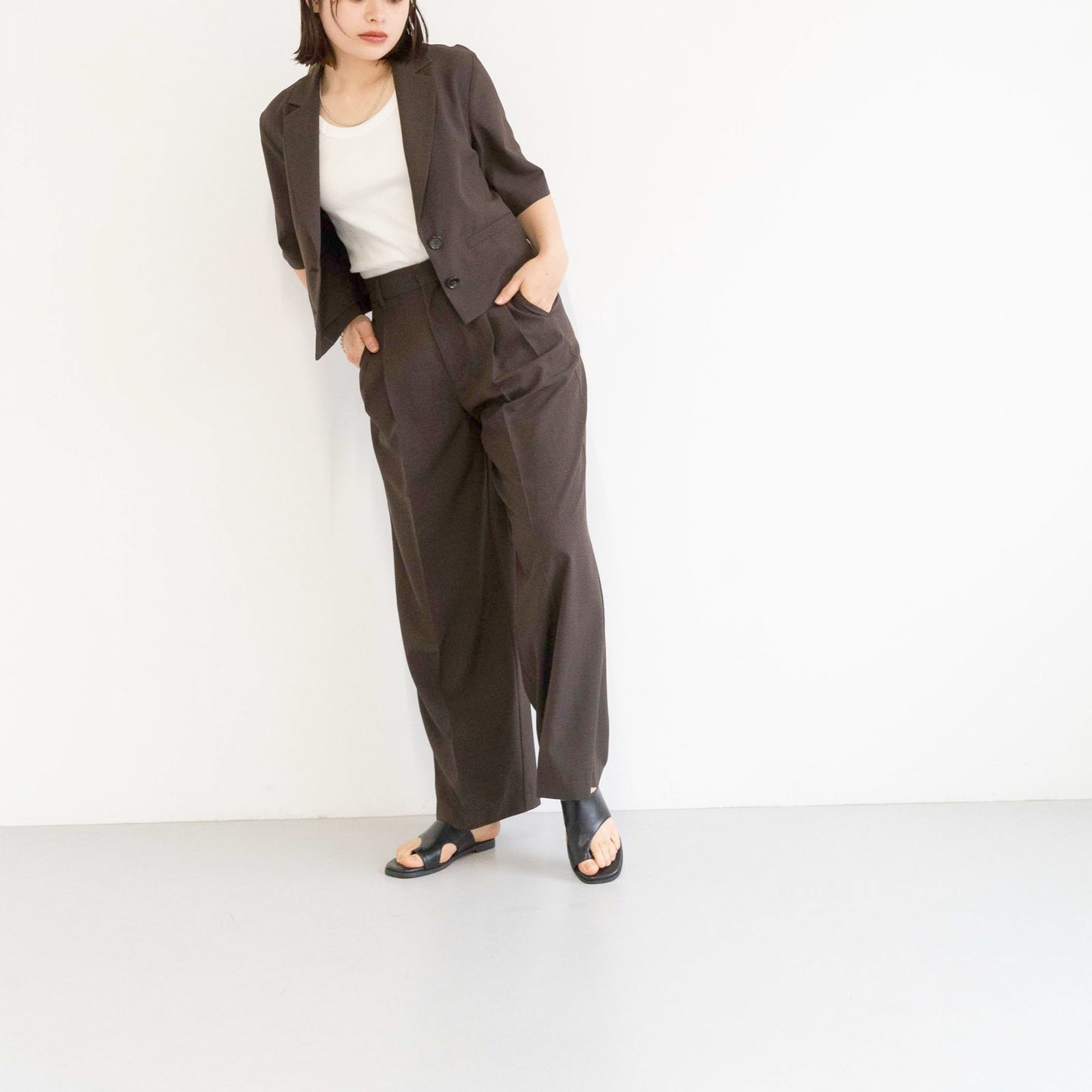 100% polyester twill fabric front pleat wide-leg casual pants