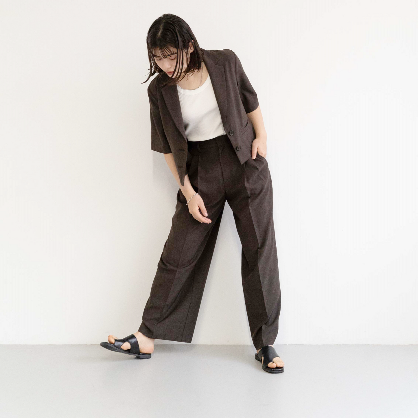 100% polyester twill fabric front pleat wide-leg casual pants
