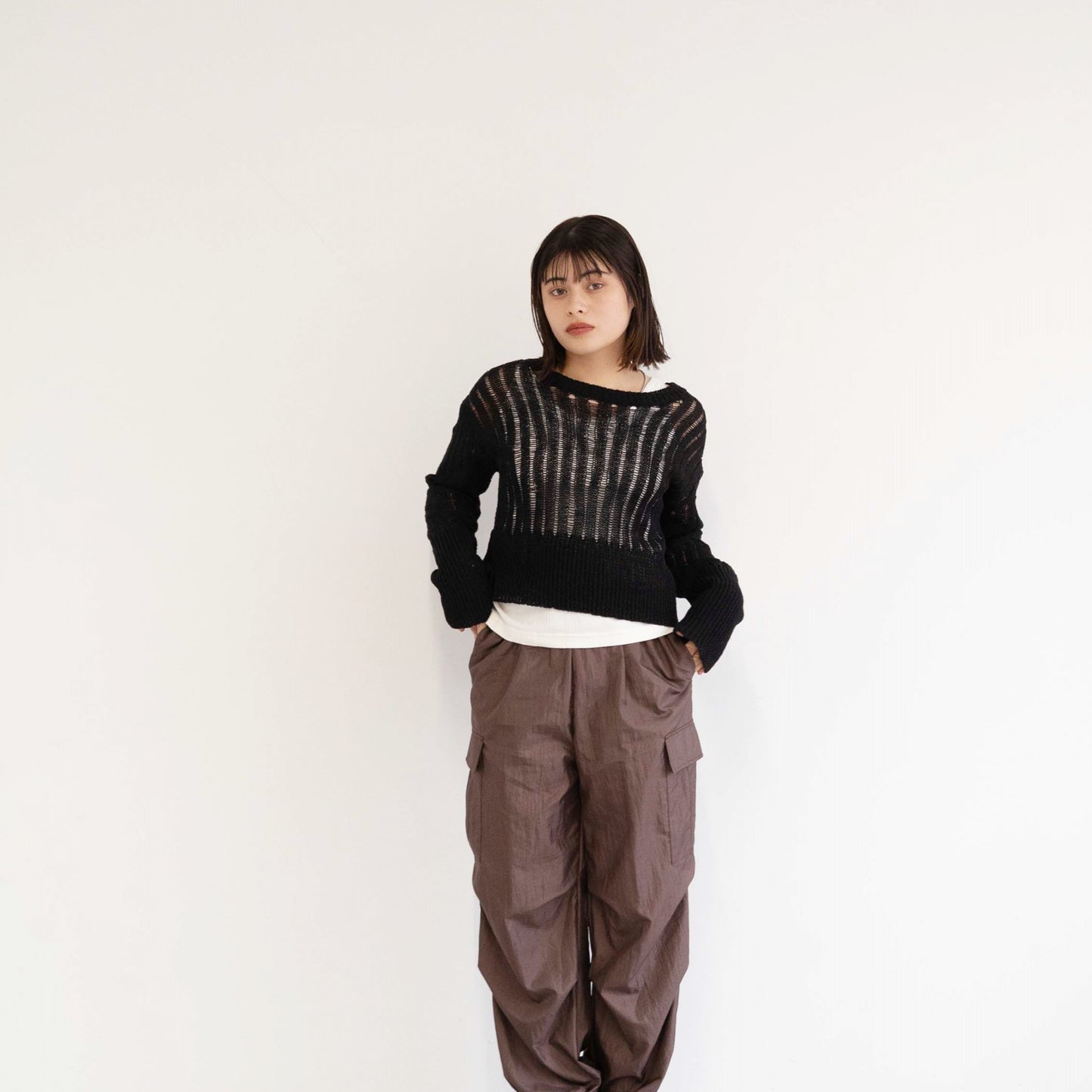 3G uneven mesh cropped knitted pullover