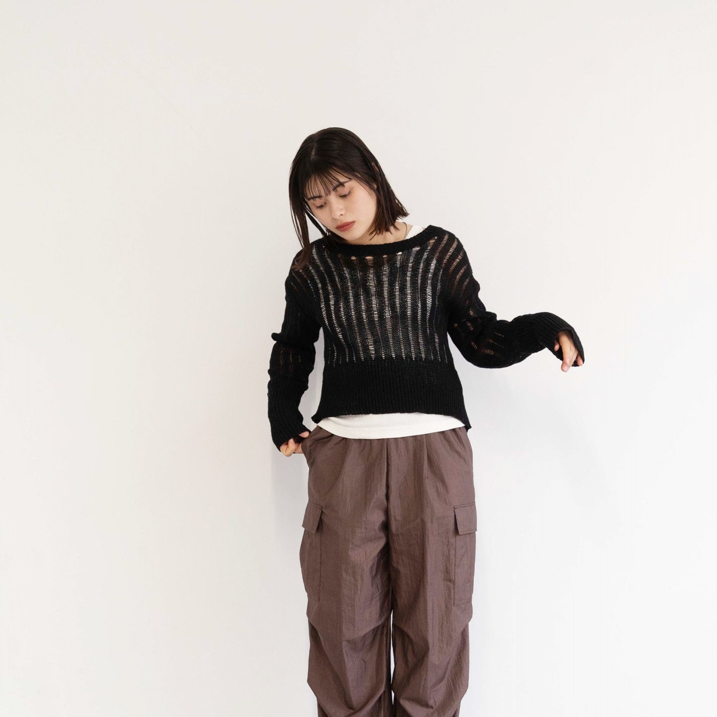 3G uneven mesh cropped knitted pullover