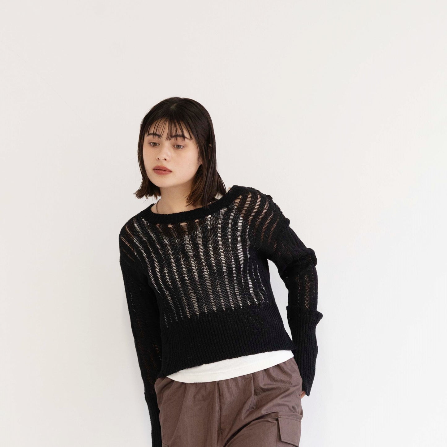 3G uneven mesh cropped knitted pullover