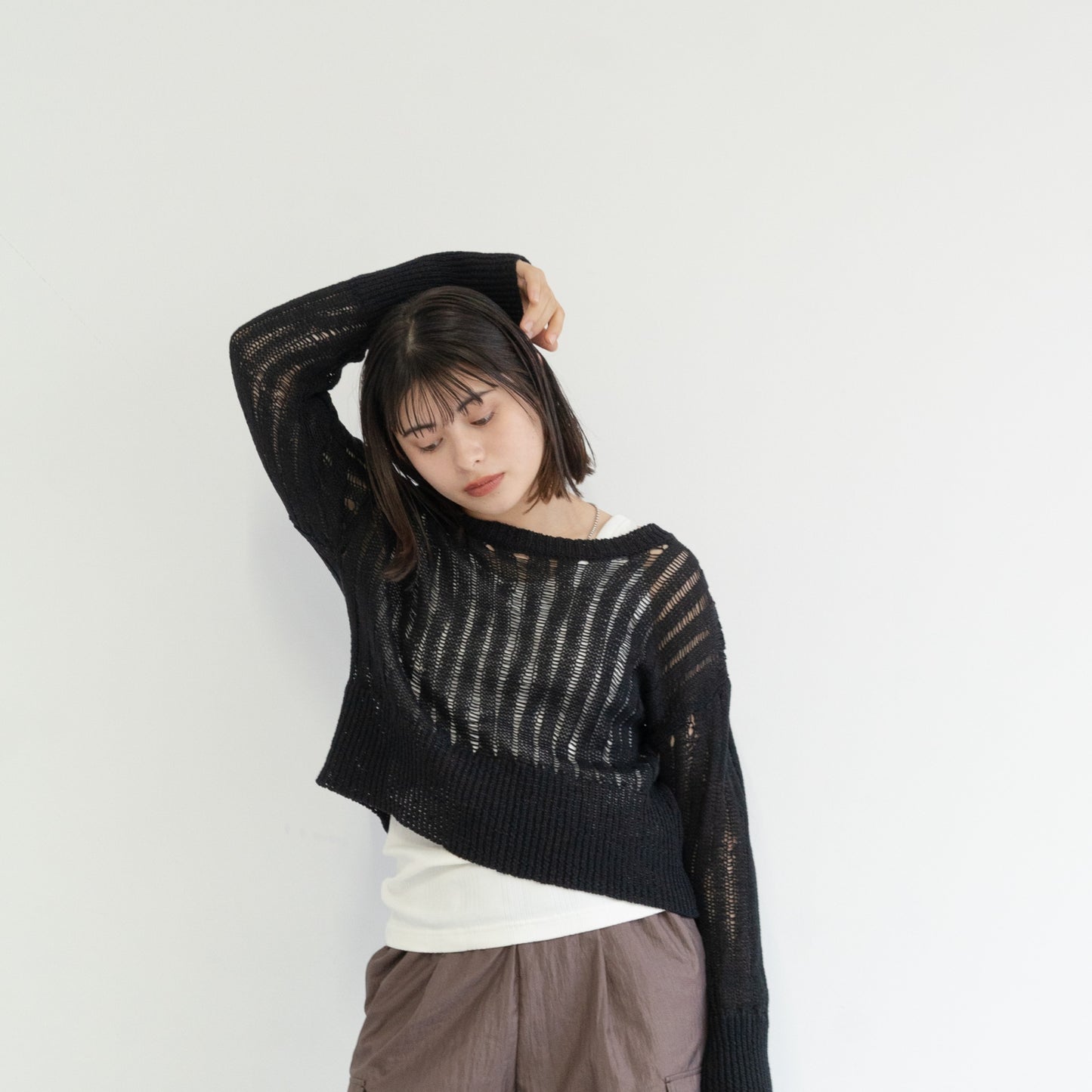 3G uneven mesh cropped knitted pullover