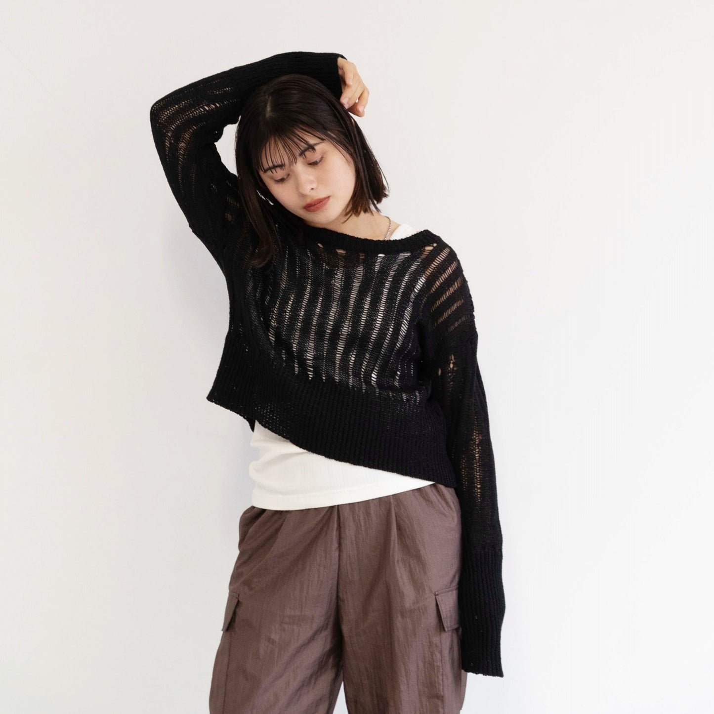 3G uneven mesh cropped knitted pullover