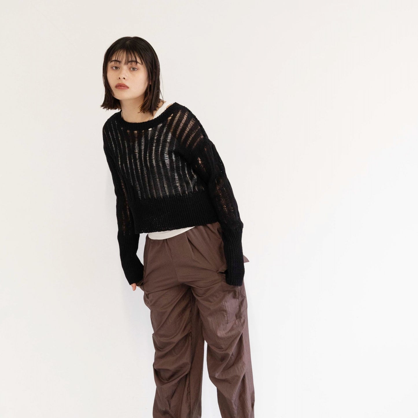 3G uneven mesh cropped knitted pullover