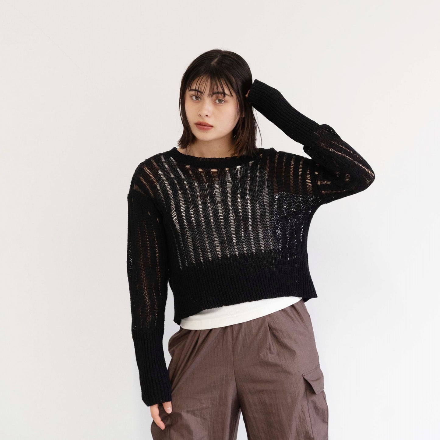 3G uneven mesh cropped knitted pullover
