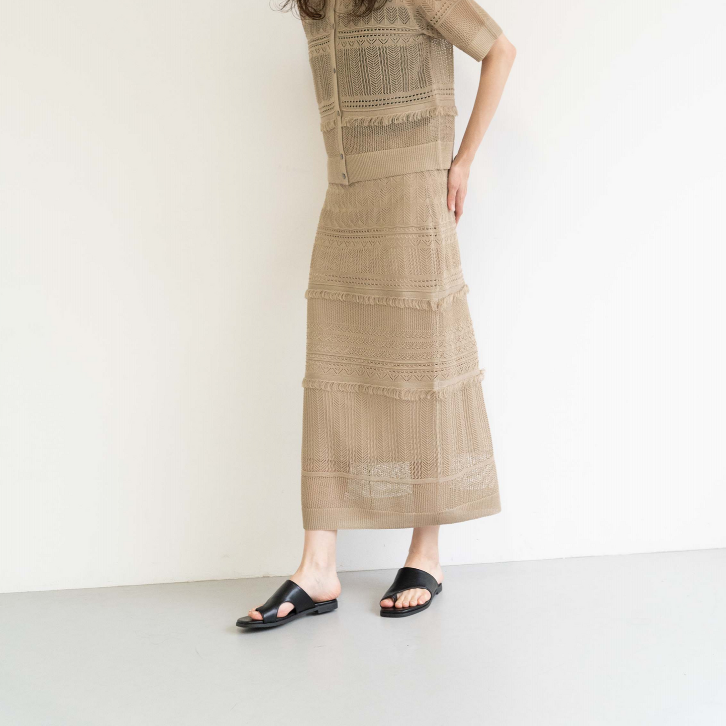 12-gauge lace knit A-line skirt with a waistband