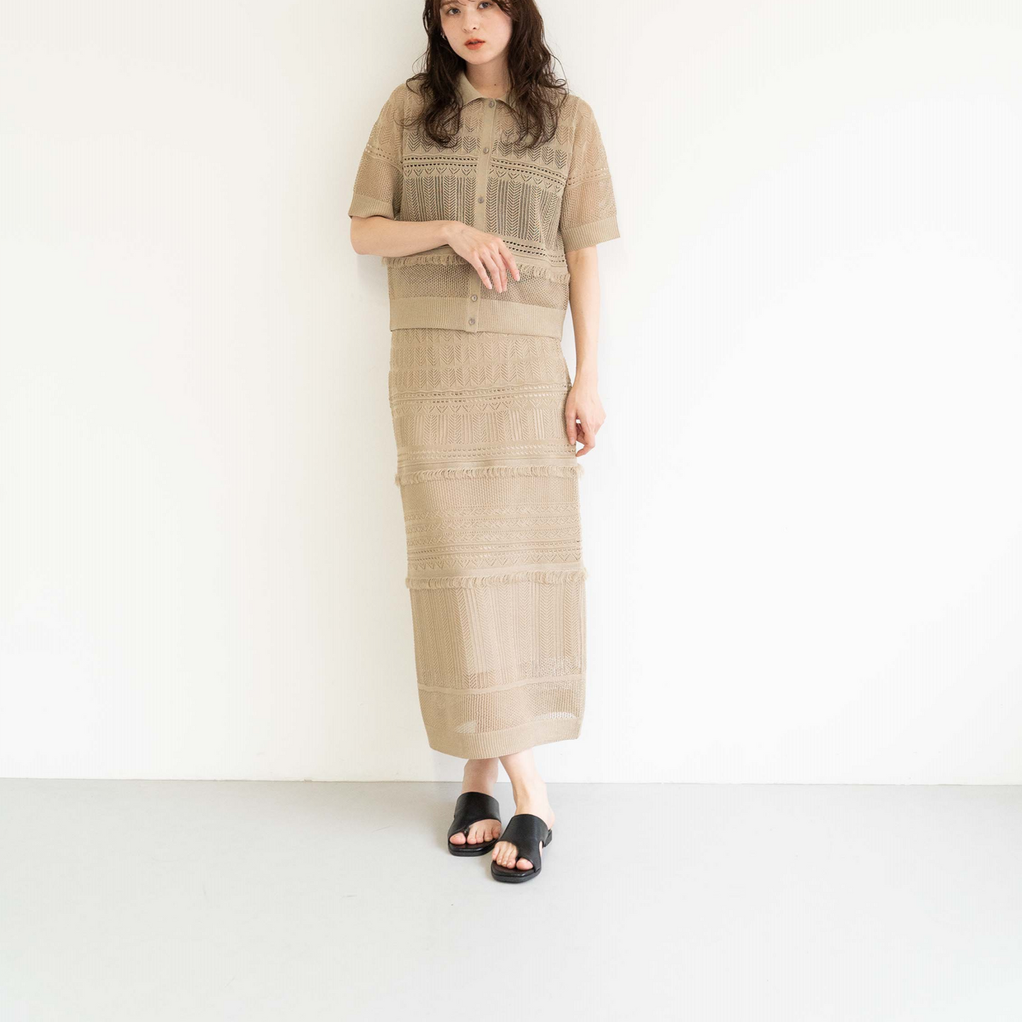 12-gauge lace knit A-line skirt with a waistband