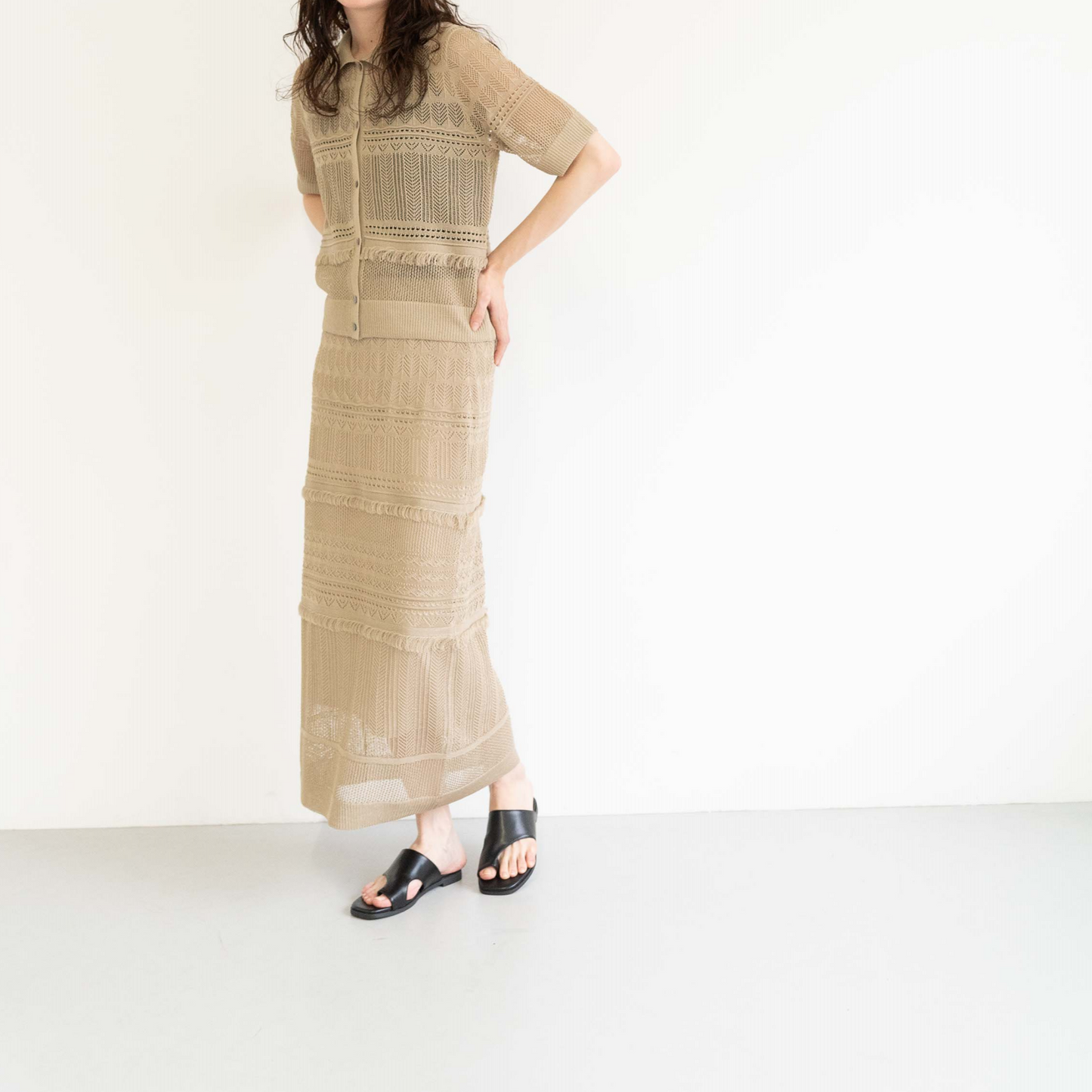 12-gauge lace knit A-line skirt with a waistband