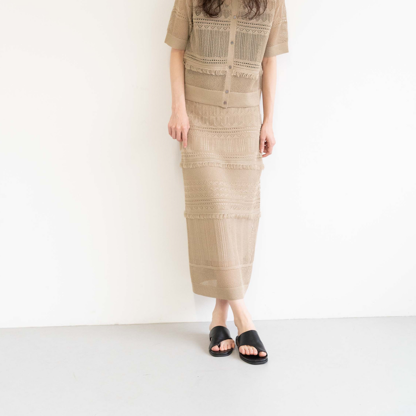 12-gauge lace knit A-line skirt with a waistband