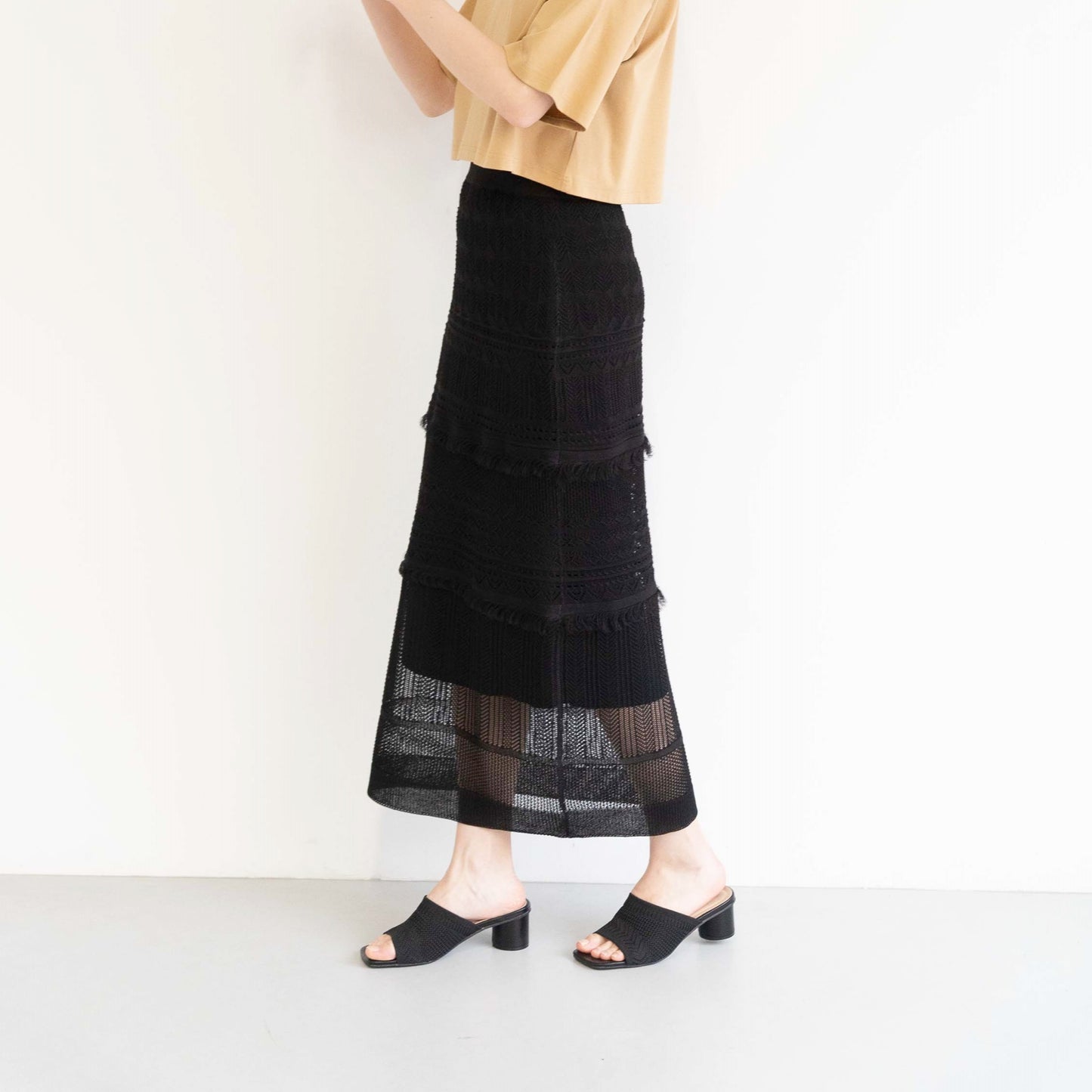 12-gauge lace knit A-line skirt with a waistband