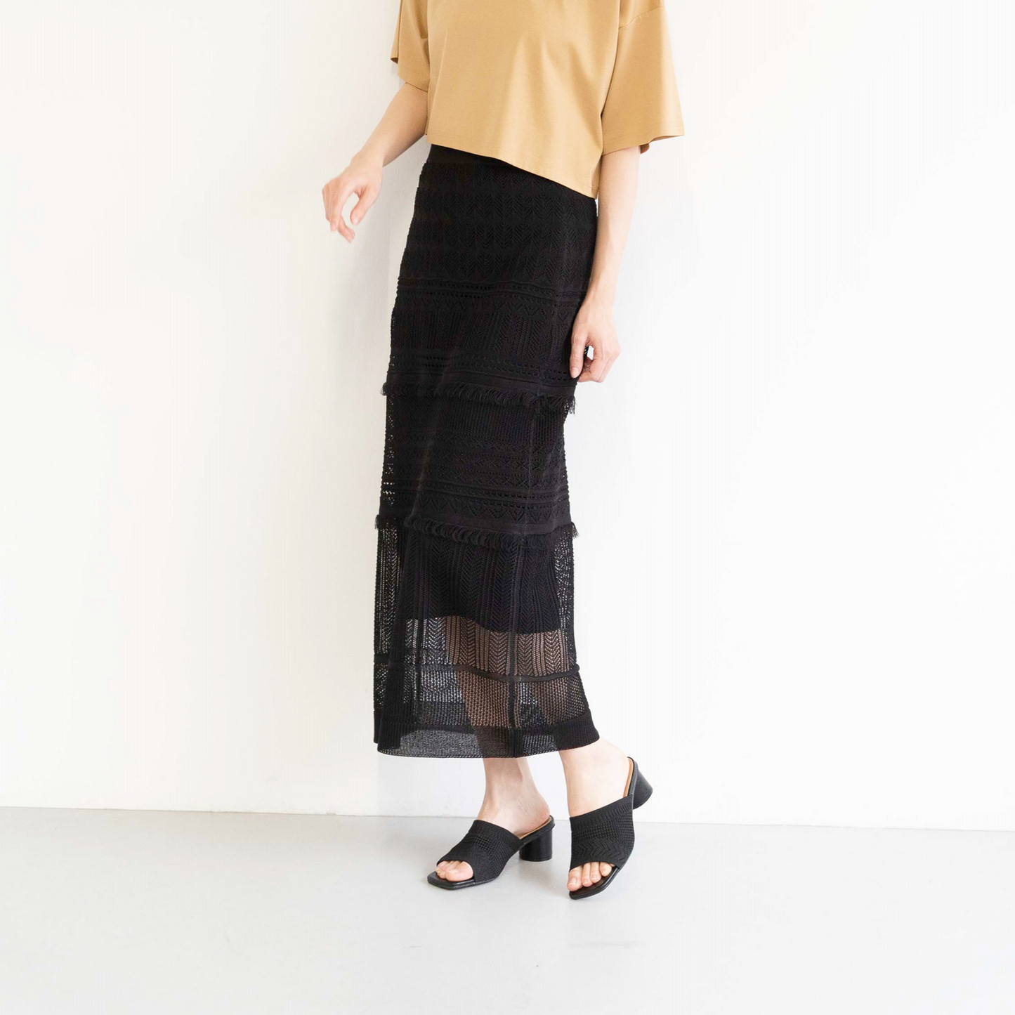 12-gauge lace knit A-line skirt with a waistband
