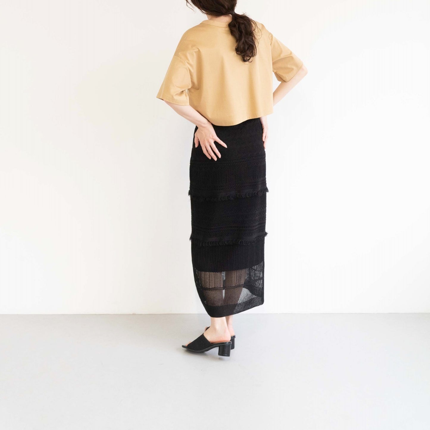 12-gauge lace knit A-line skirt with a waistband