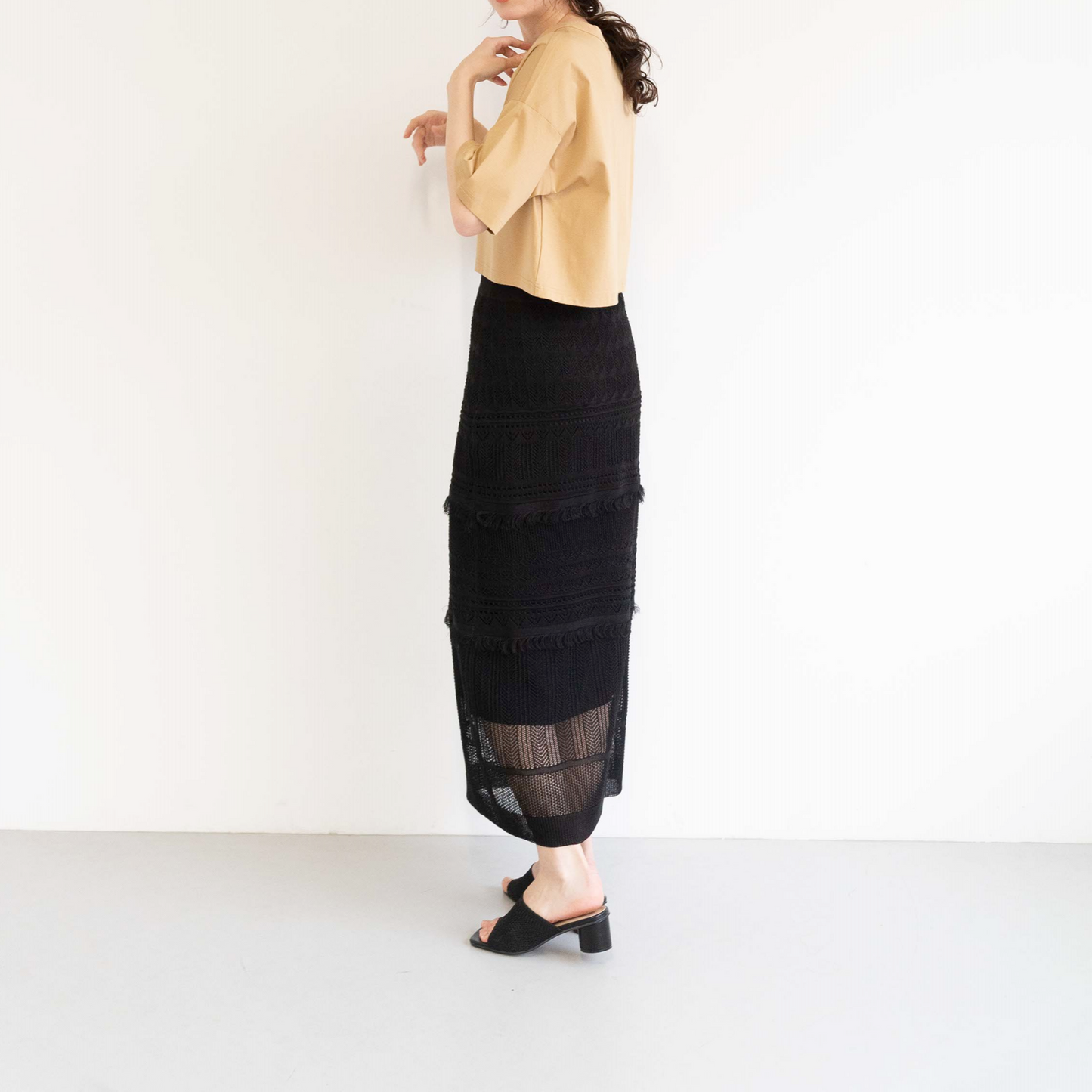 12-gauge lace knit A-line skirt with a waistband