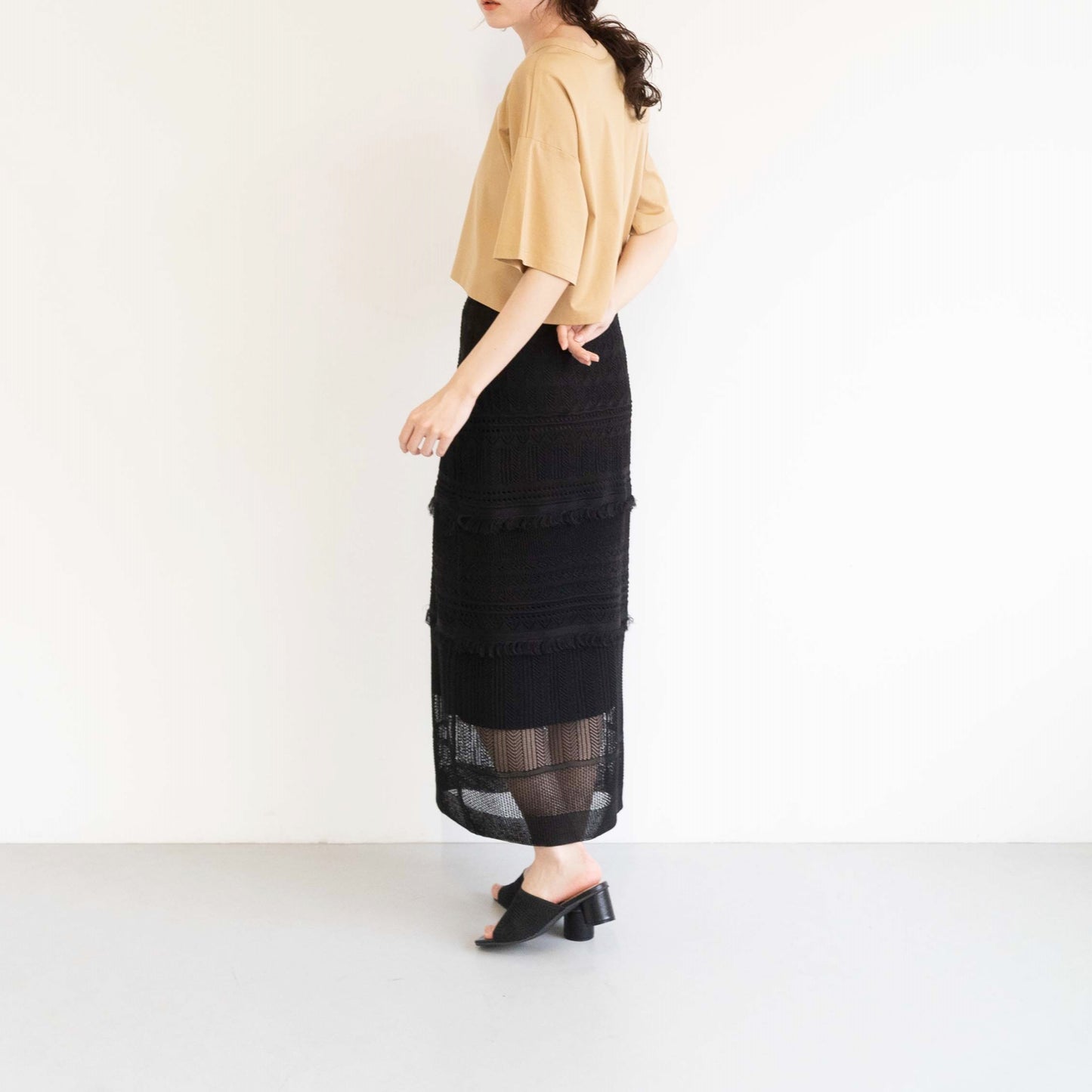 12-gauge lace knit A-line skirt with a waistband