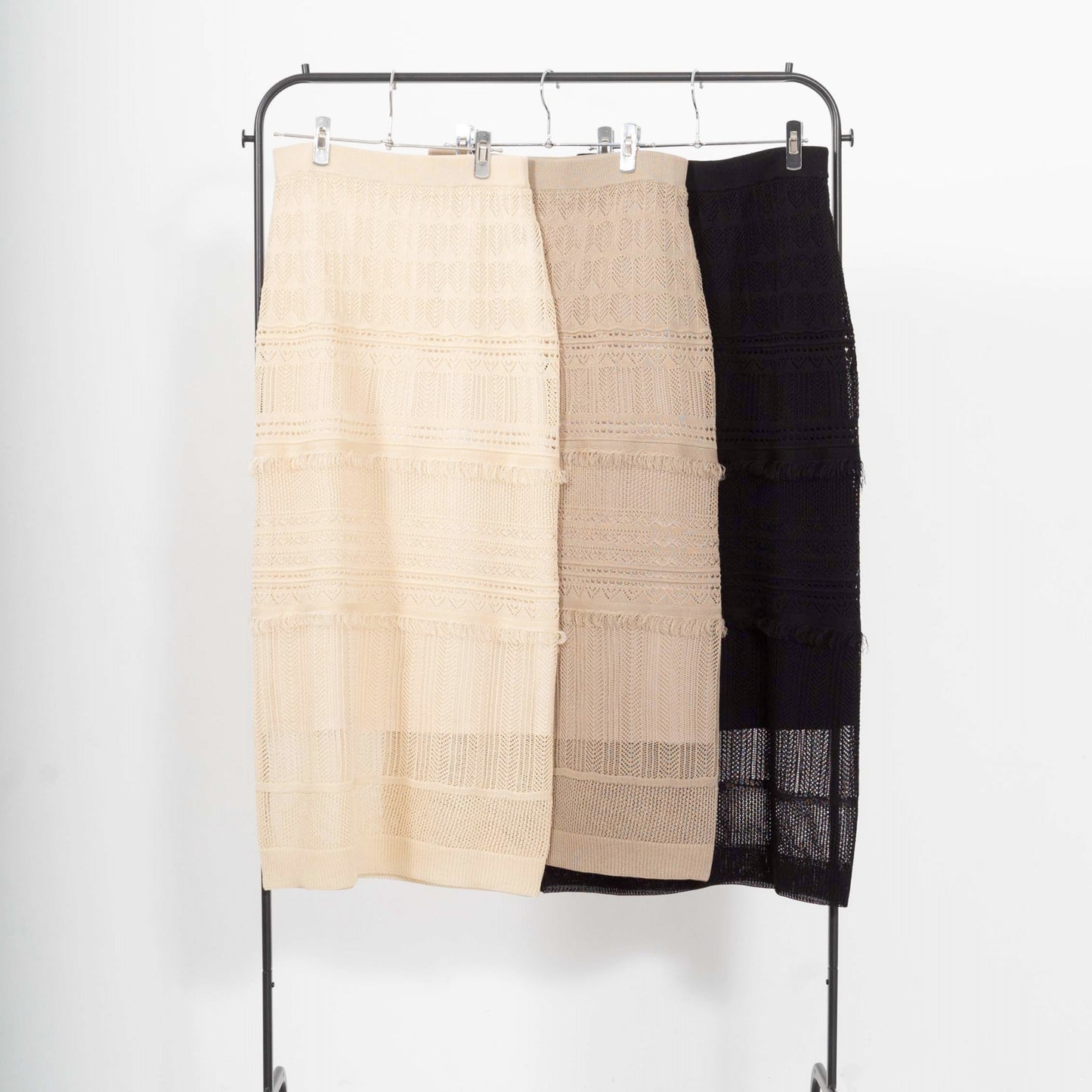 12-gauge lace knit A-line skirt with a waistband