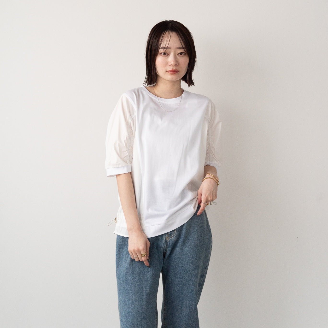 Mixed Fabric Gathered Pullover